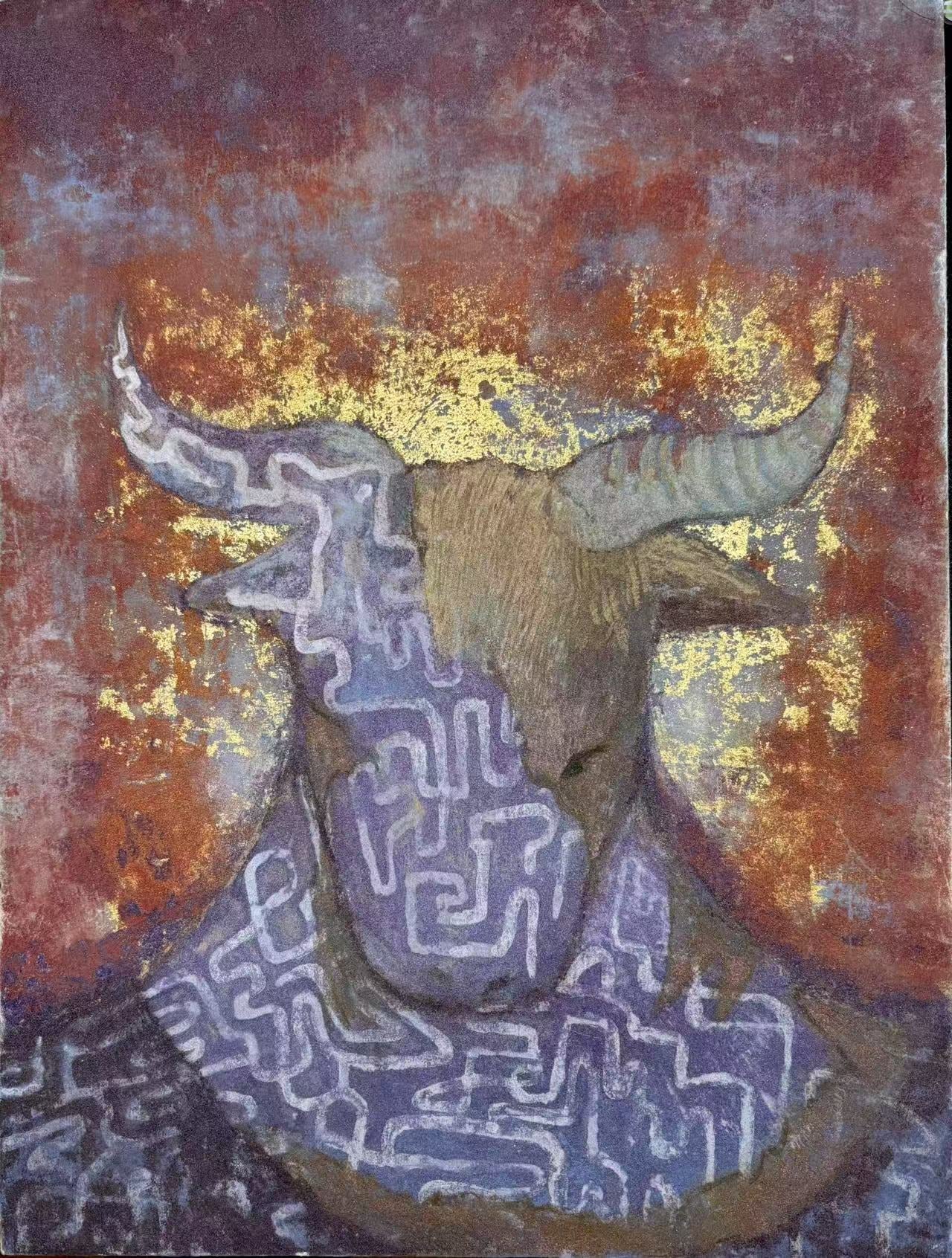 Labyrinth of the Minotaur, Mineral pigments, nihonga, 11*14 inch on wood board.