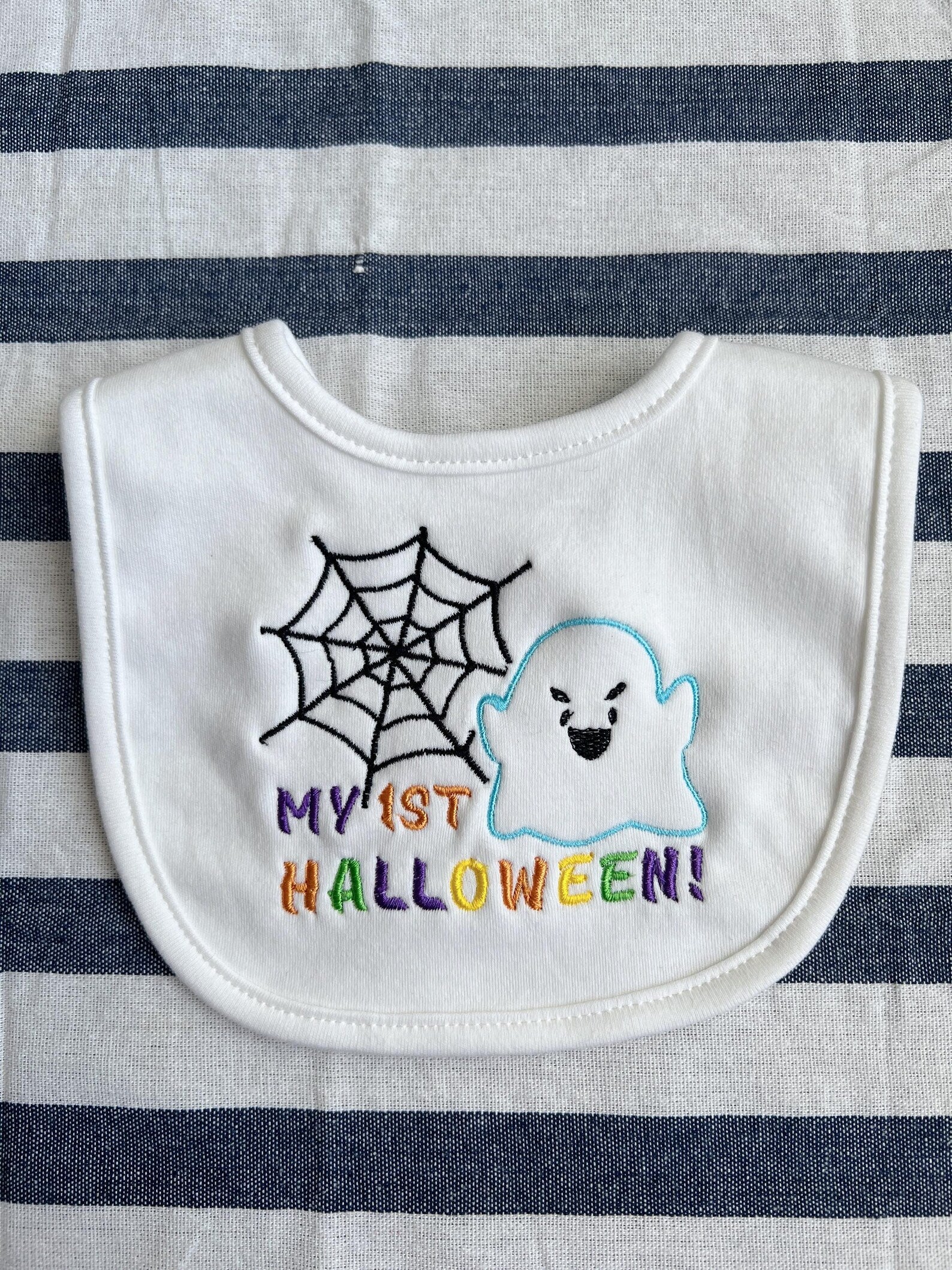My 1st Halloween Baby Bib, Handmade Baby Gift, Baby Shower Gift, Embroidered Ghost and Spider Web, Rainbow Text, Newborn Halloween Outfit