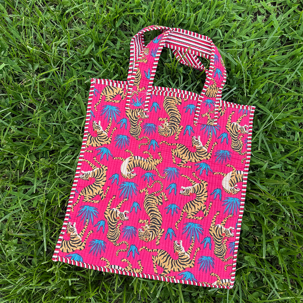 Cotton Tote Bag Handmade Patchwork Indian Block Print Tiger