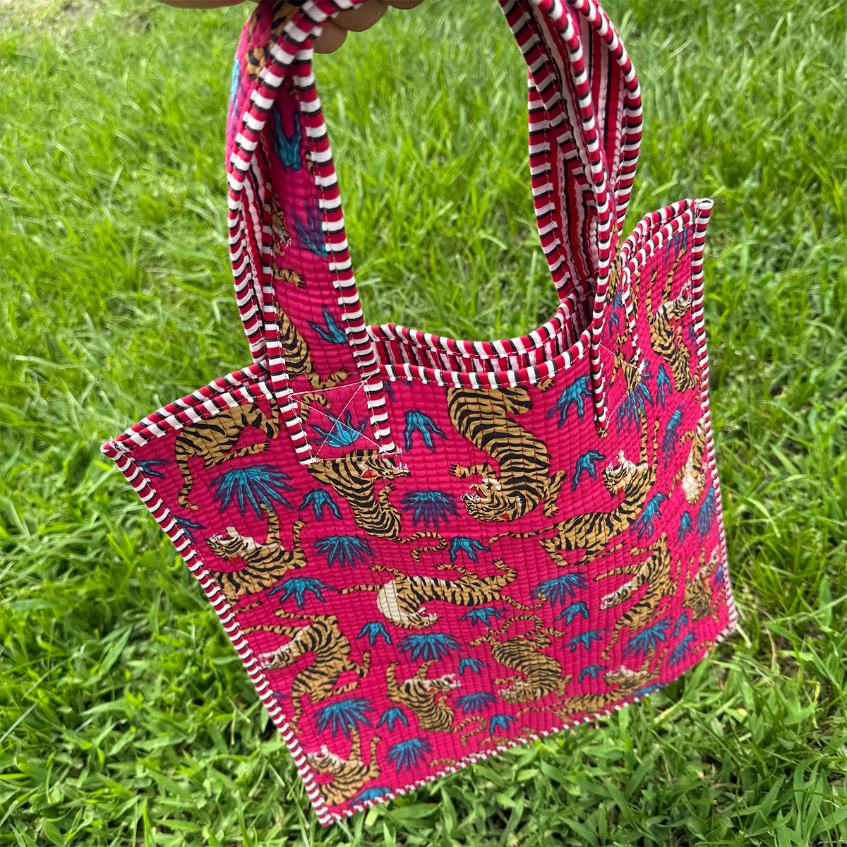 Cotton Tote Bag Handmade Patchwork Indian Block Print Tiger