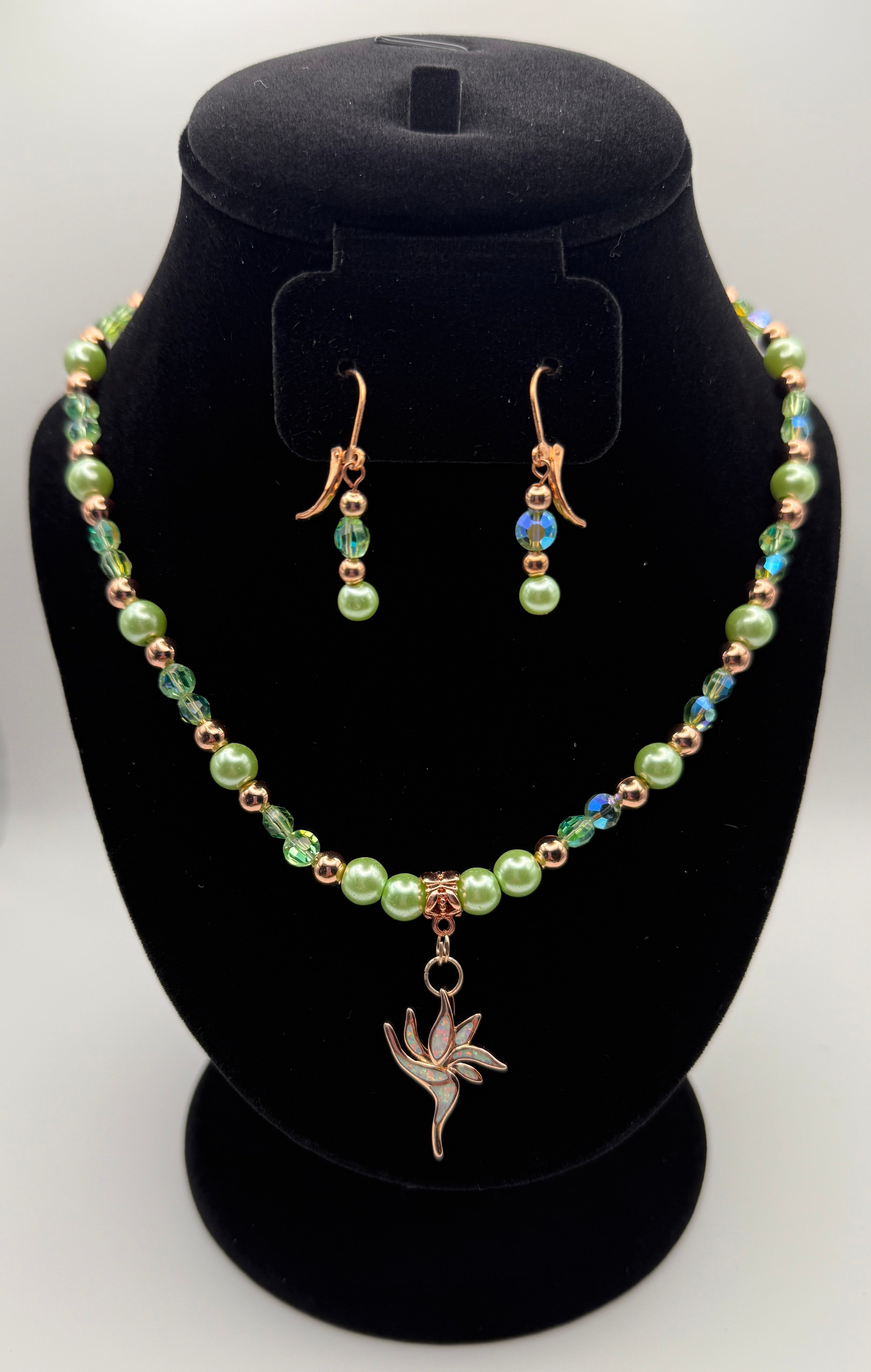 108  Rose Gold and Opal Torch Pendant Necklace and Earring Set