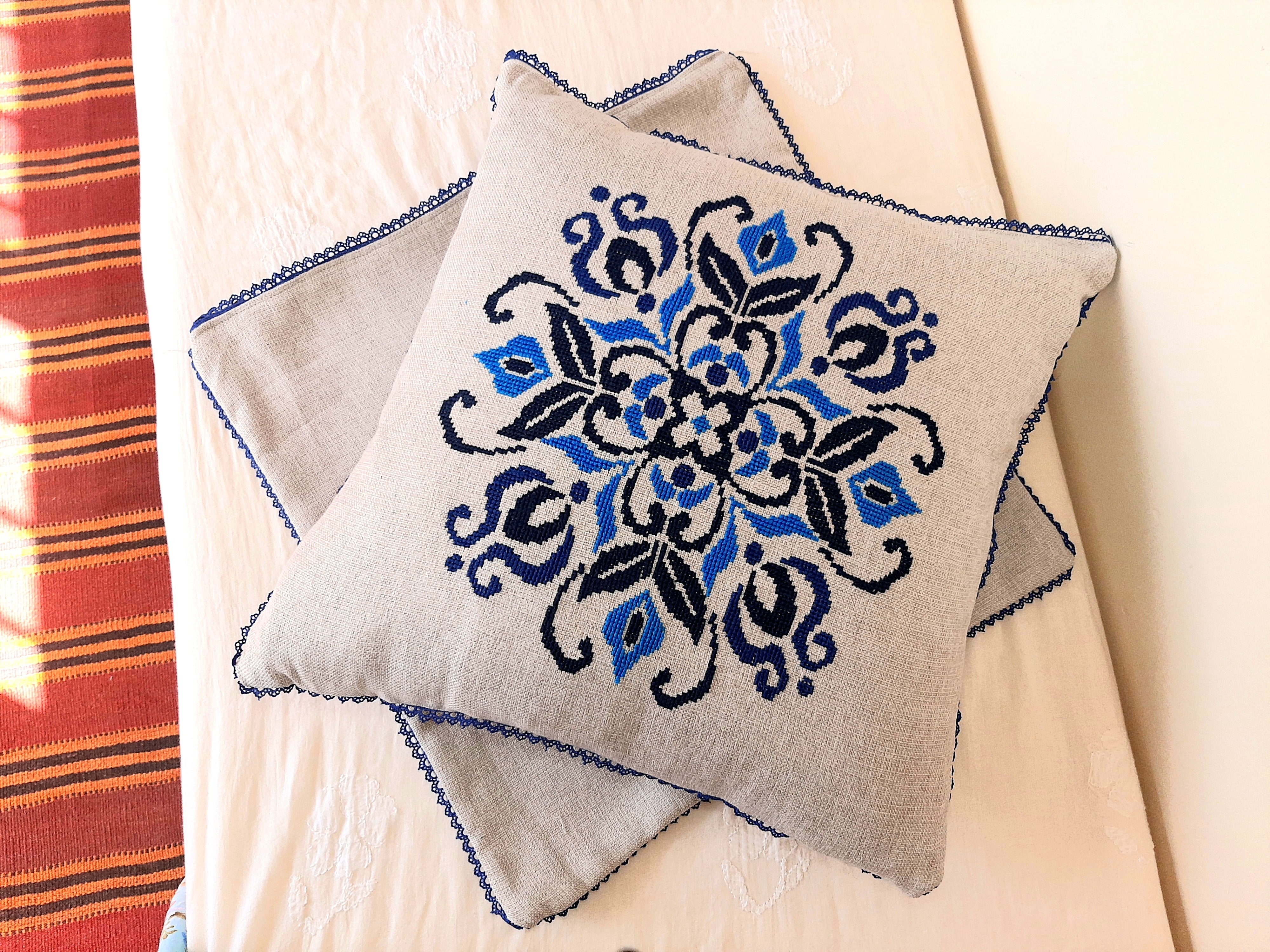 Wheel of Elegance - Hand Embroidered Blue Pattern on Silver Grey Jute Cushion
