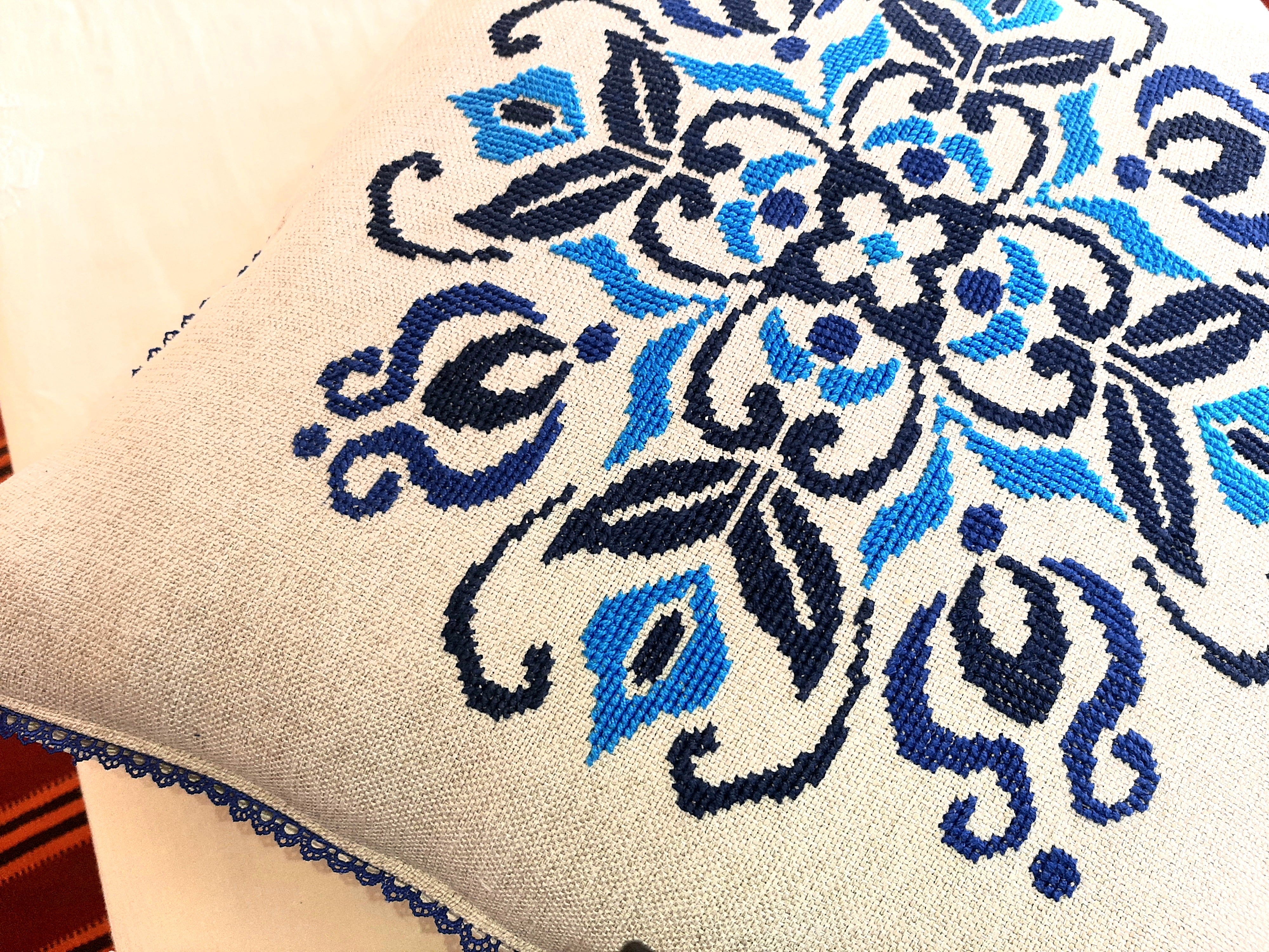 Wheel of Elegance - Hand Embroidered Blue Pattern on Silver Grey Jute Cushion