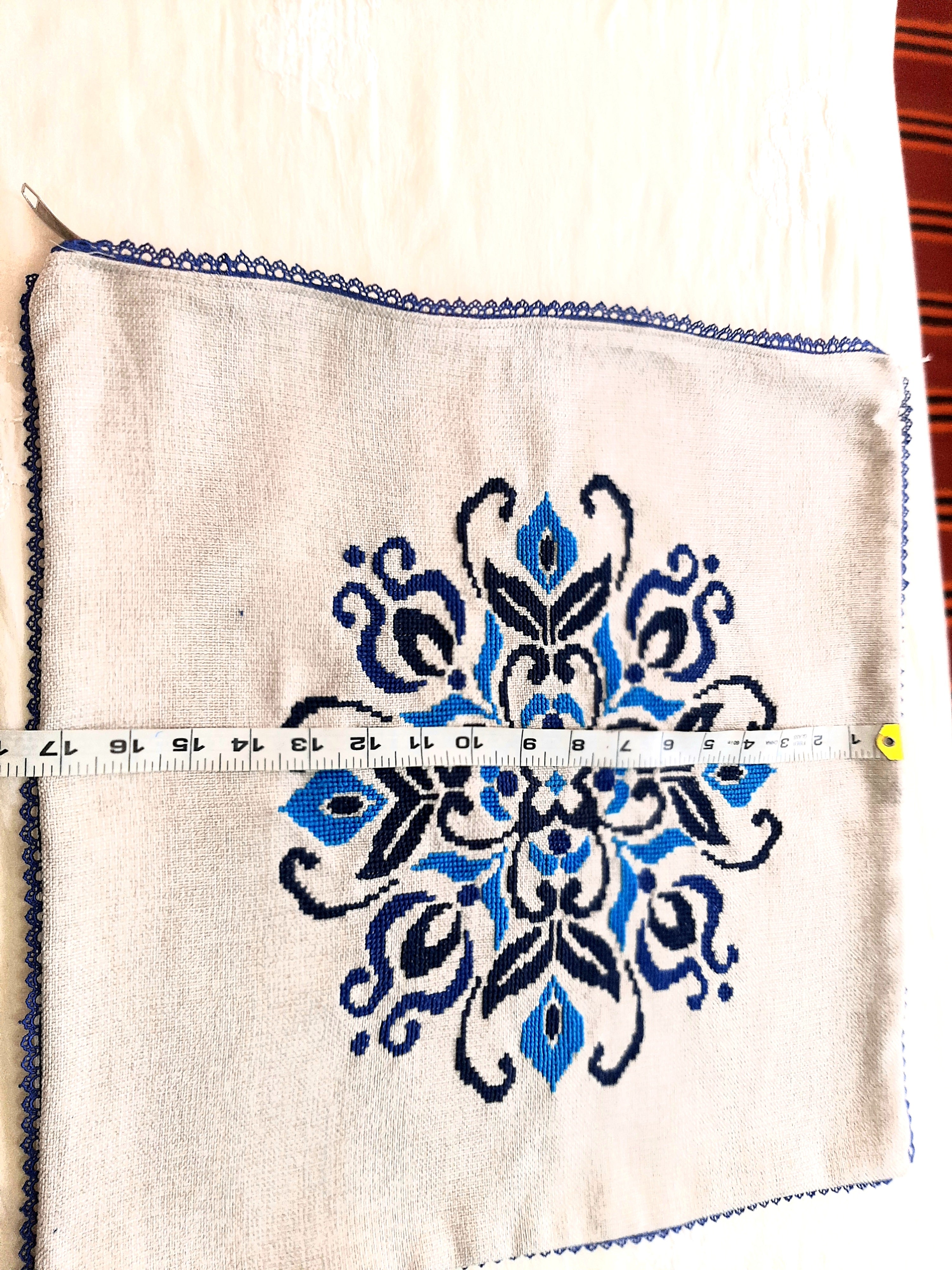 Wheel of Elegance - Hand Embroidered Blue Pattern on Silver Grey Jute Cushion