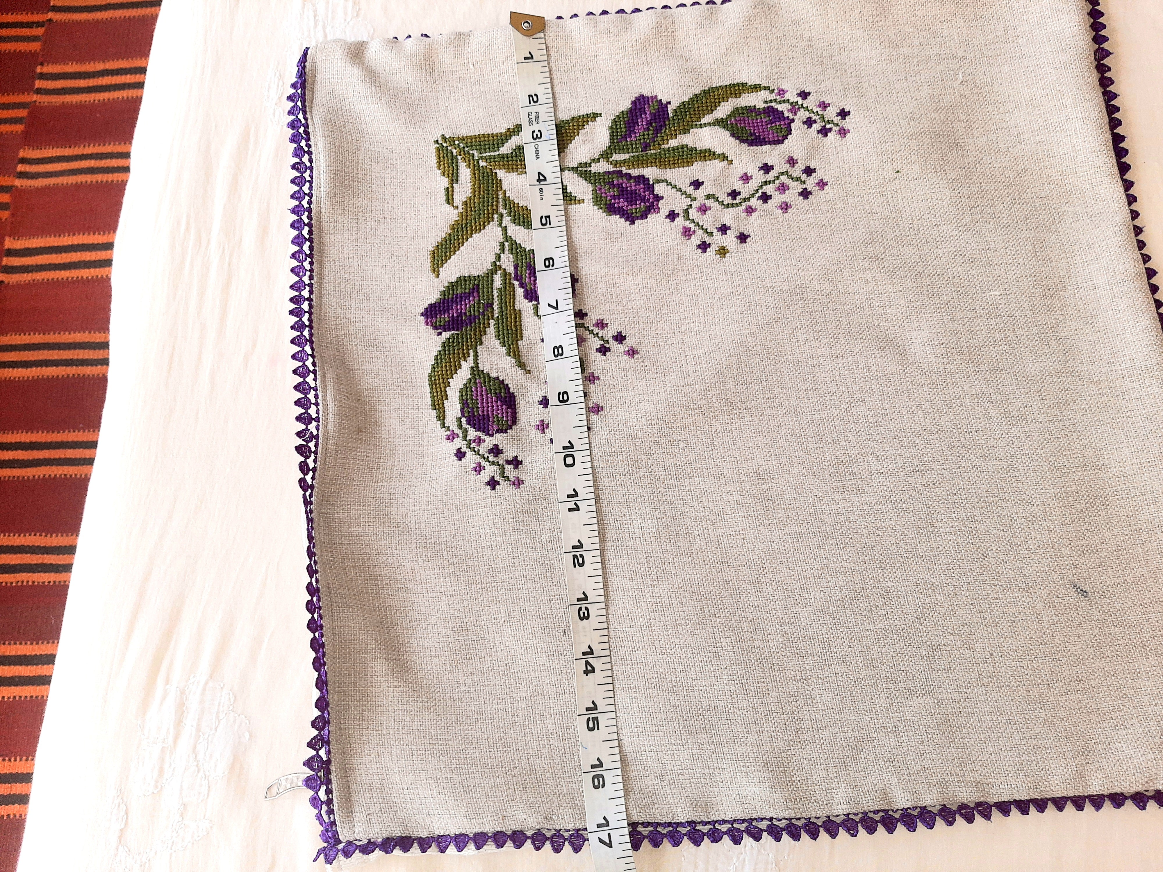 Tulip Majesty - Handmade Cross Stitch Purple Embroidery on Silver Jute Cushion Cover 17x17