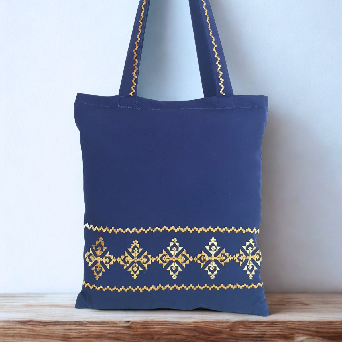 Handcrafted Khamak Embroidery Tote Bag – Navy Blue with Golden Detailing