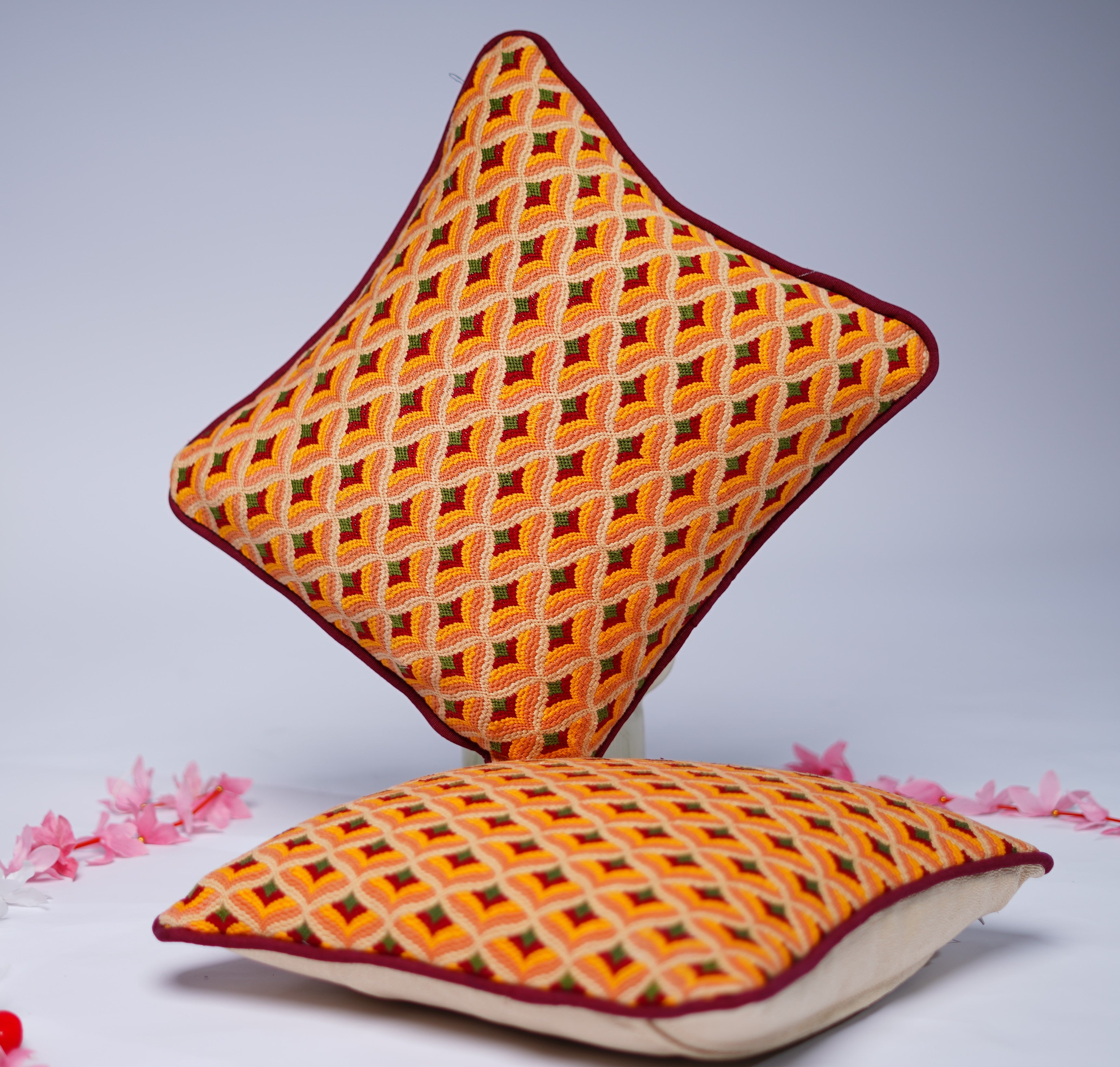 handmade ,embroidered Peacock Feather Pattern Single Stitch Cushion Cover