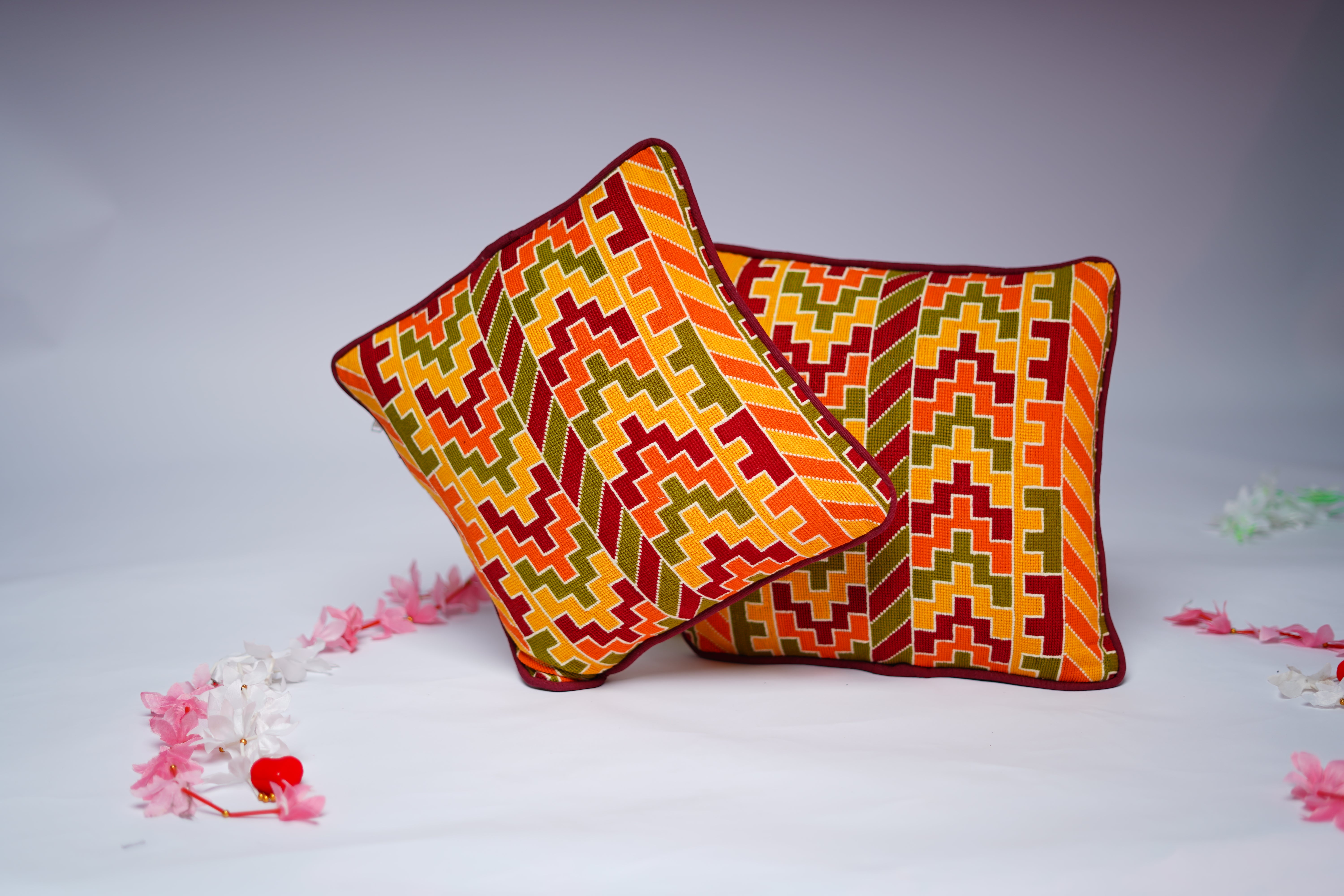 Sustainable Cotton Cross Stitch Rug Style Cushion Cover 16x16 Inches