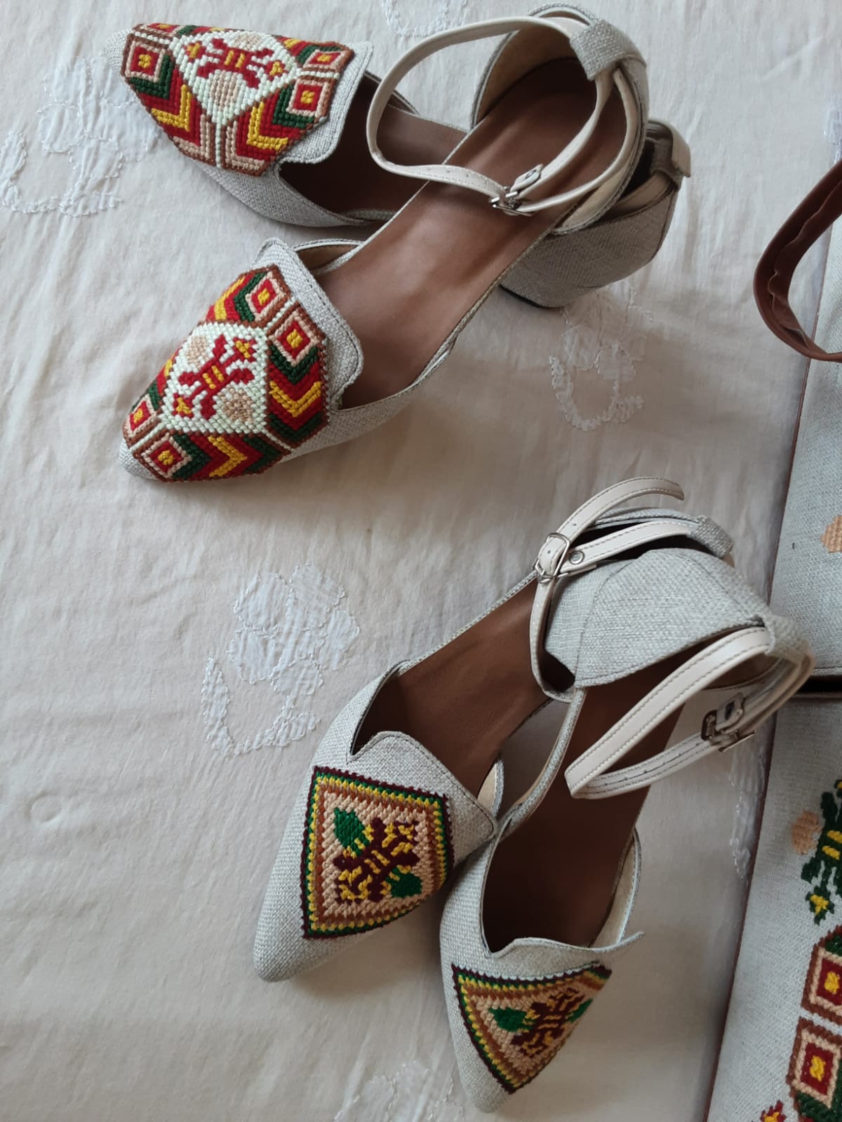 STUNNING COLLECTION- Blossom Couture - Handmade Cross Stitch Floral Bag & Shoe Collection Fabric + Leather