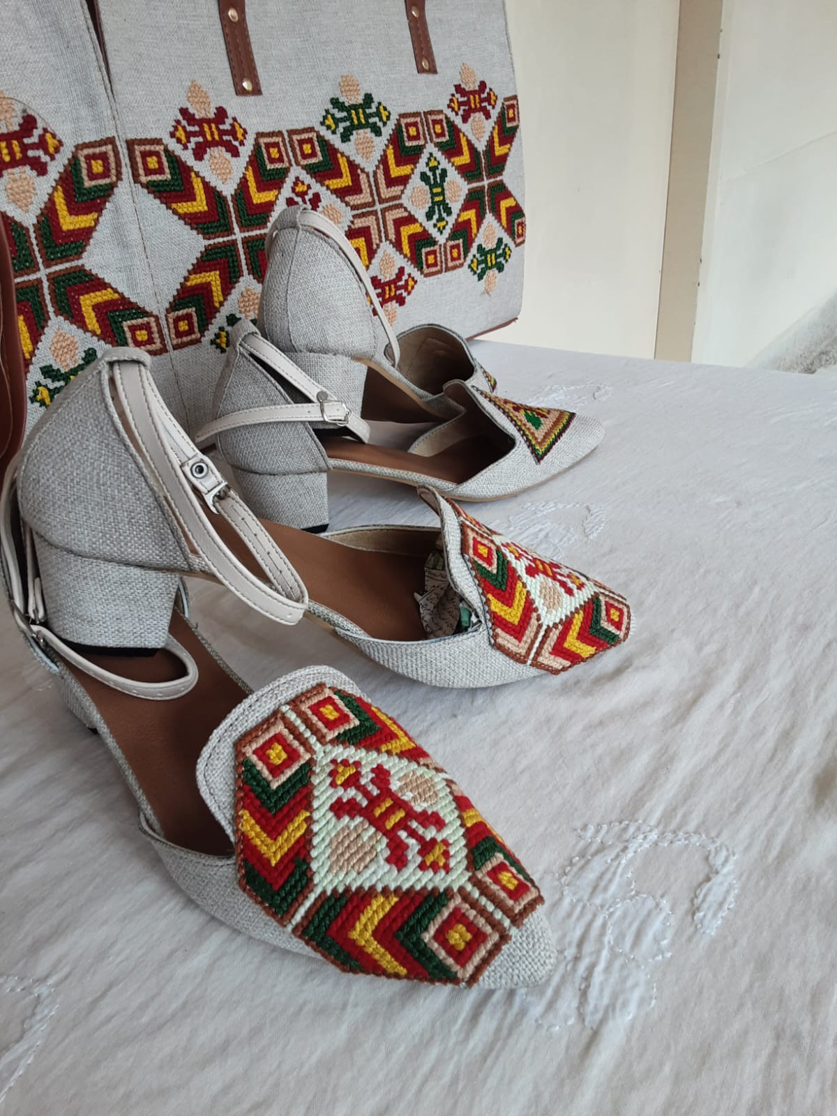 STUNNING COLLECTION- Blossom Couture - Handmade Cross Stitch Floral Bag & Shoe Collection Fabric + Leather