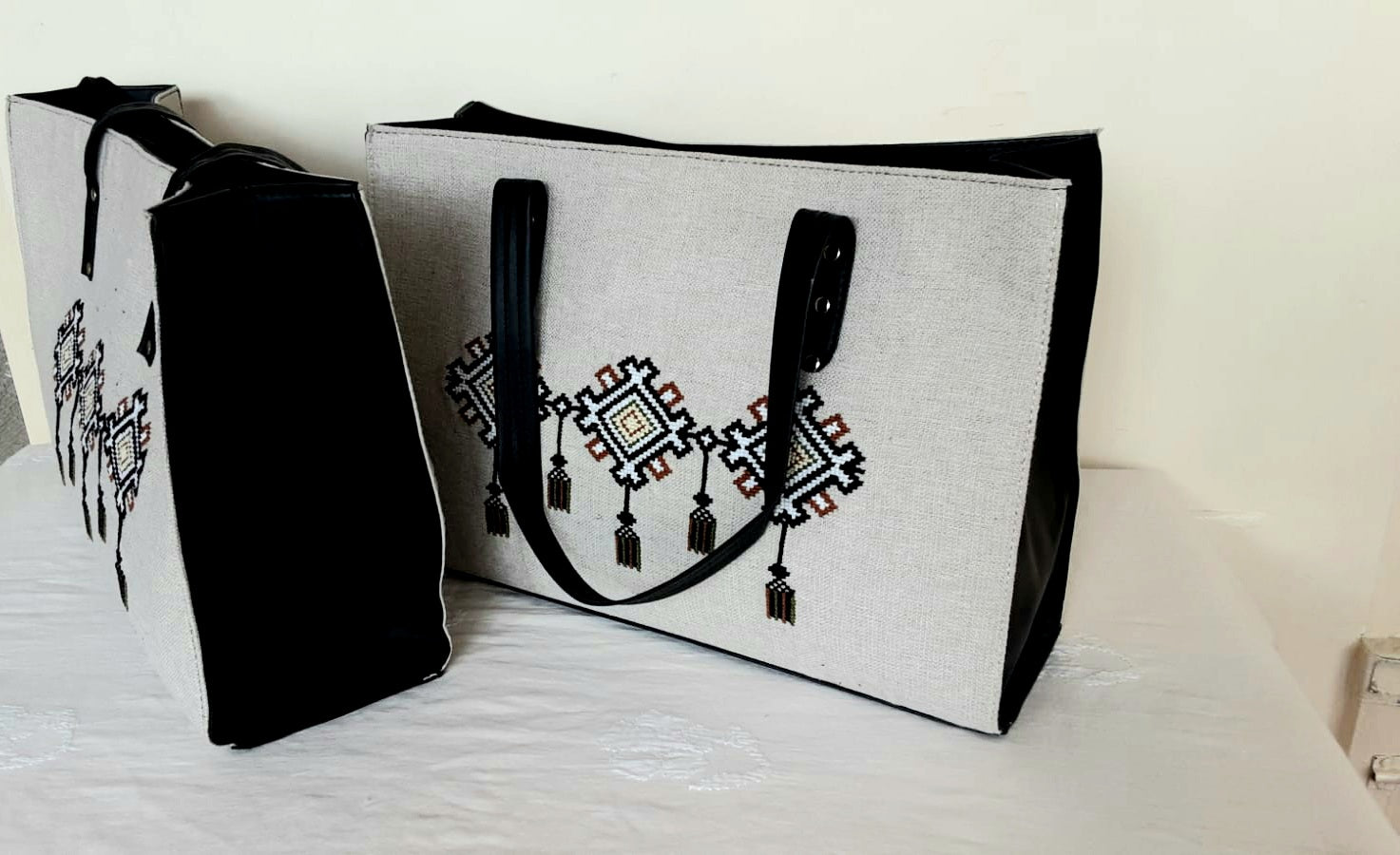 STUNNING COLLECTION- Blossom Couture - Handmade Cross Stitch Floral Bag & Shoe Collection Fabric + Leather