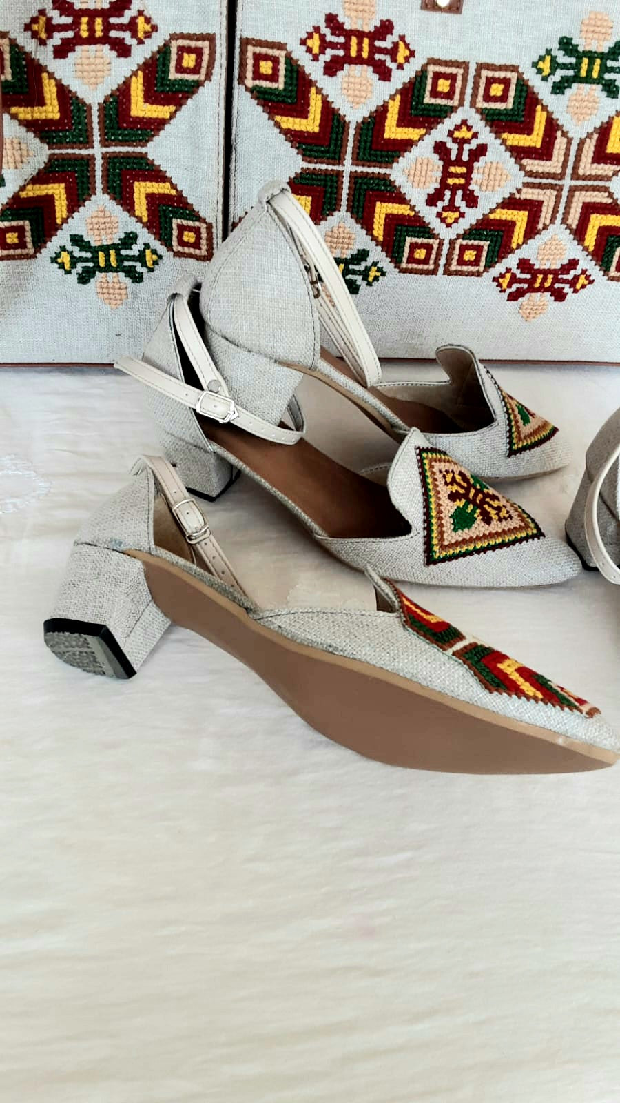 STUNNING COLLECTION- Blossom Couture - Handmade Cross Stitch Floral Bag & Shoe Collection Fabric + Leather