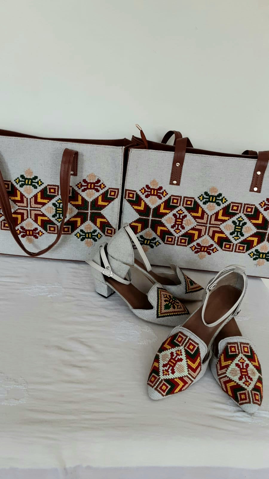 STUNNING COLLECTION- Blossom Couture - Handmade Cross Stitch Floral Bag & Shoe Collection Fabric + Leather