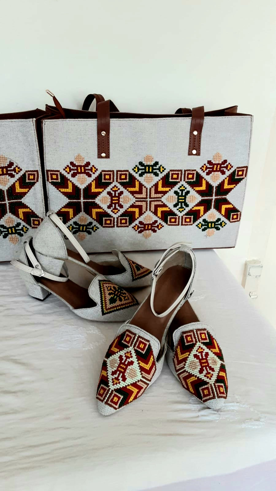 STUNNING COLLECTION- Blossom Couture - Handmade Cross Stitch Floral Bag & Shoe Collection Fabric + Leather