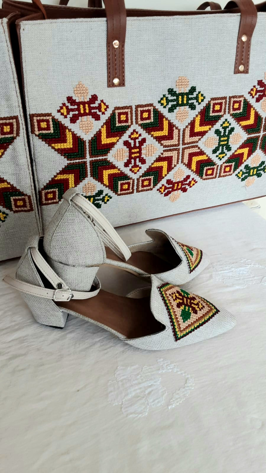 STUNNING COLLECTION- Blossom Couture - Handmade Cross Stitch Floral Bag & Shoe Collection Fabric + Leather