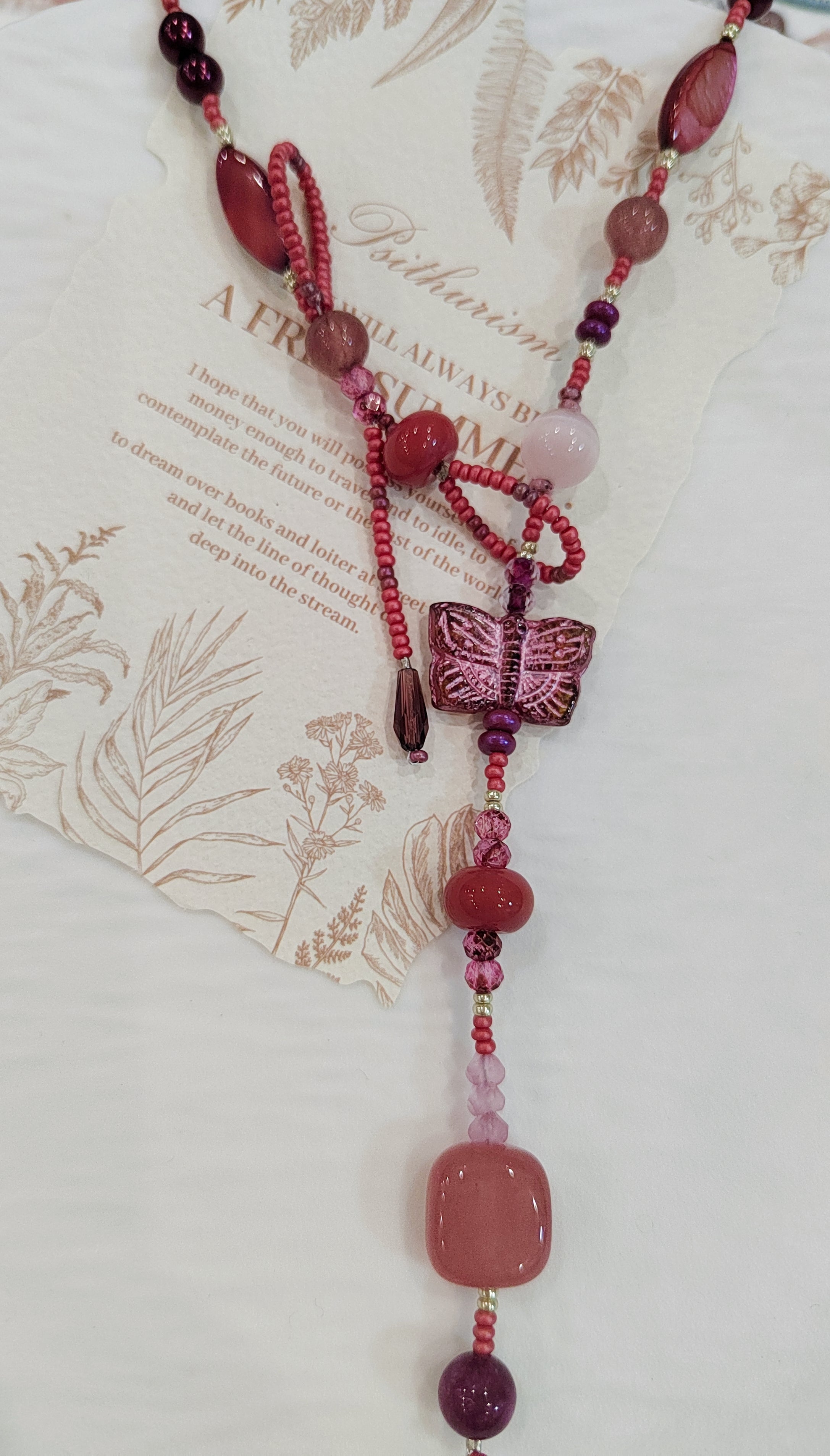 Flower and Butterfly Y-Necklace - Handcrafted Pink Beaded Jewelry