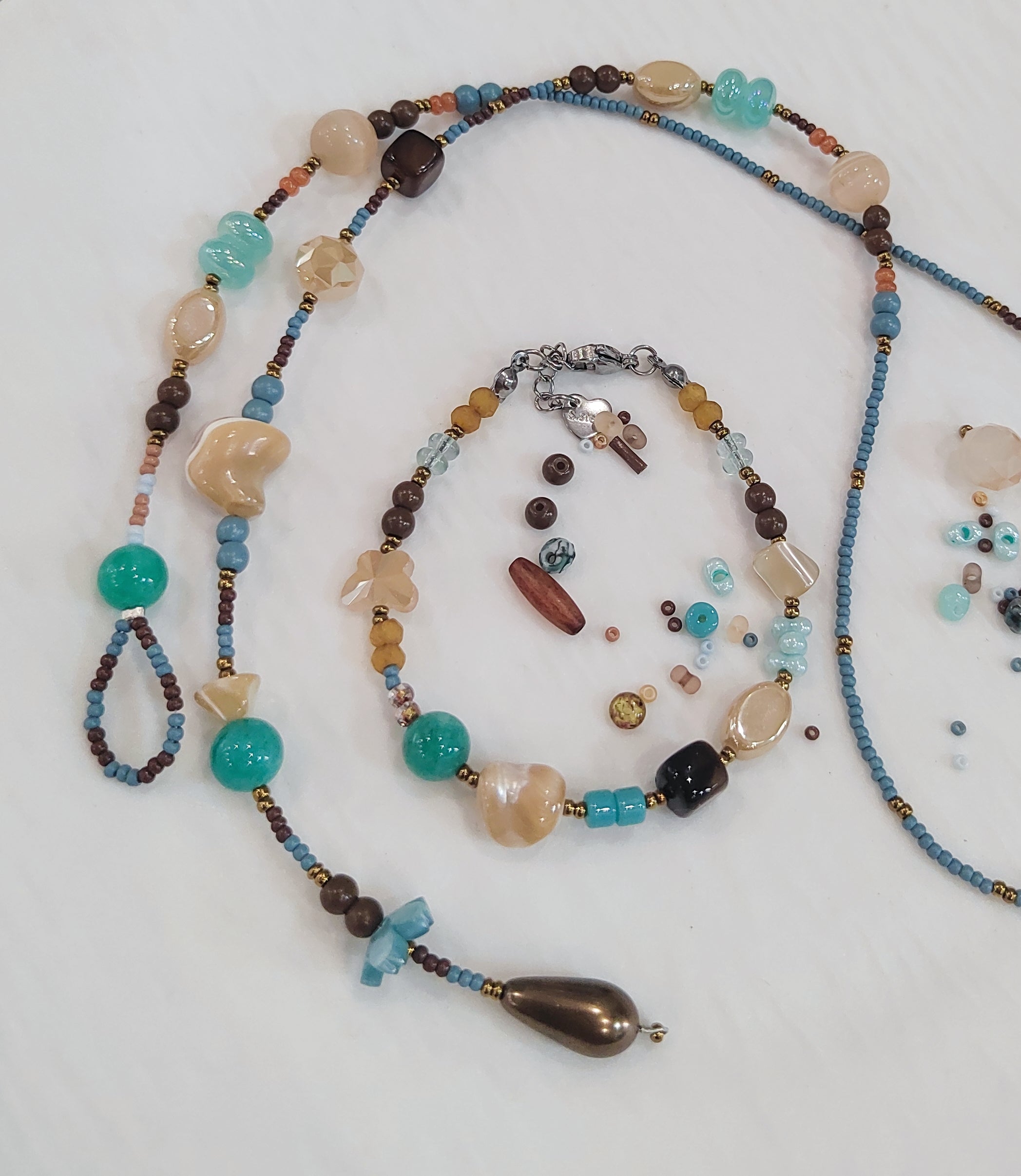 Blue Coffee Tune Handcrafted Bead Bracelet with Multi-Shapes & Adjustable Chain