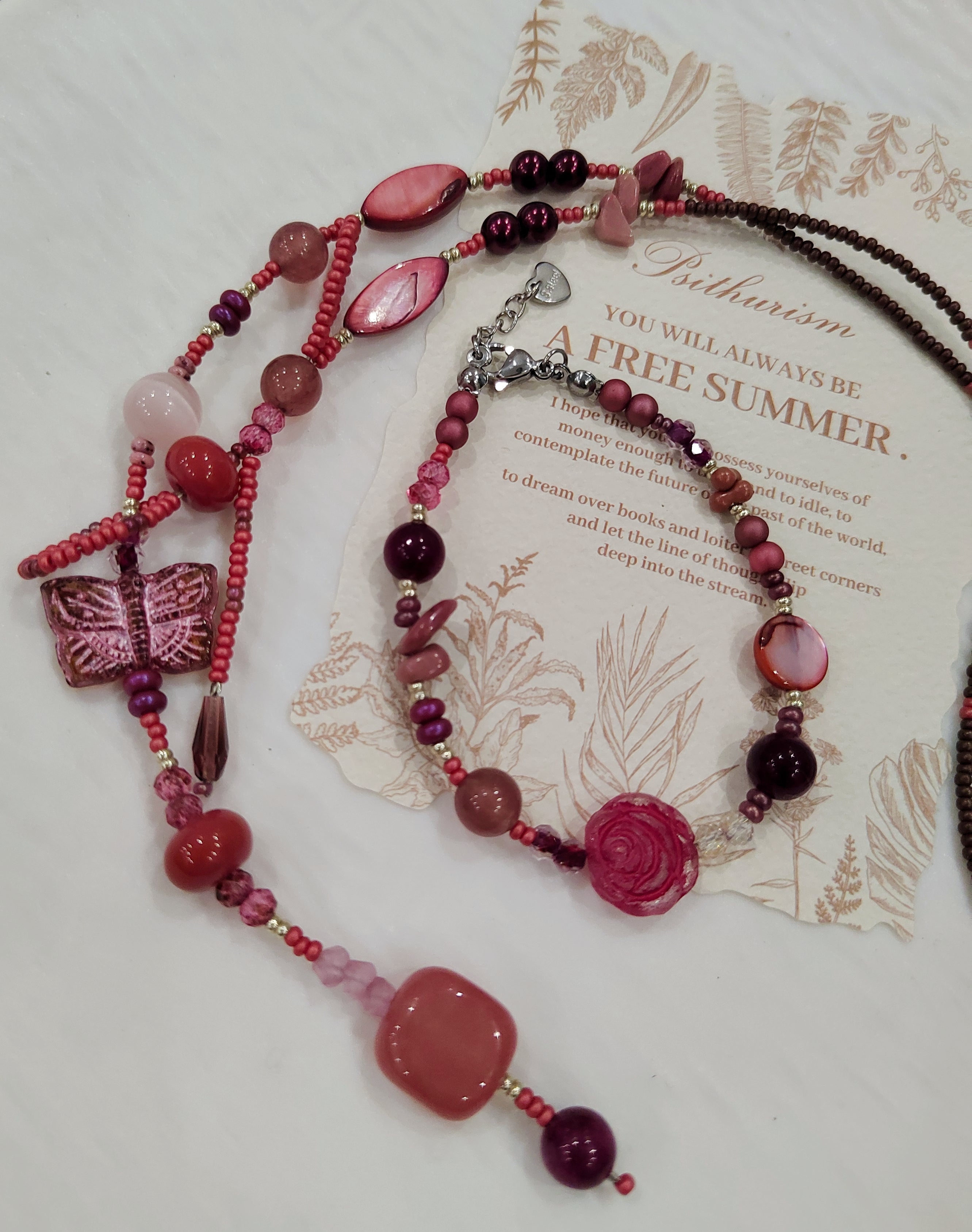 Flower and Butterfly Y-Necklace - Handcrafted Pink Beaded Jewelry