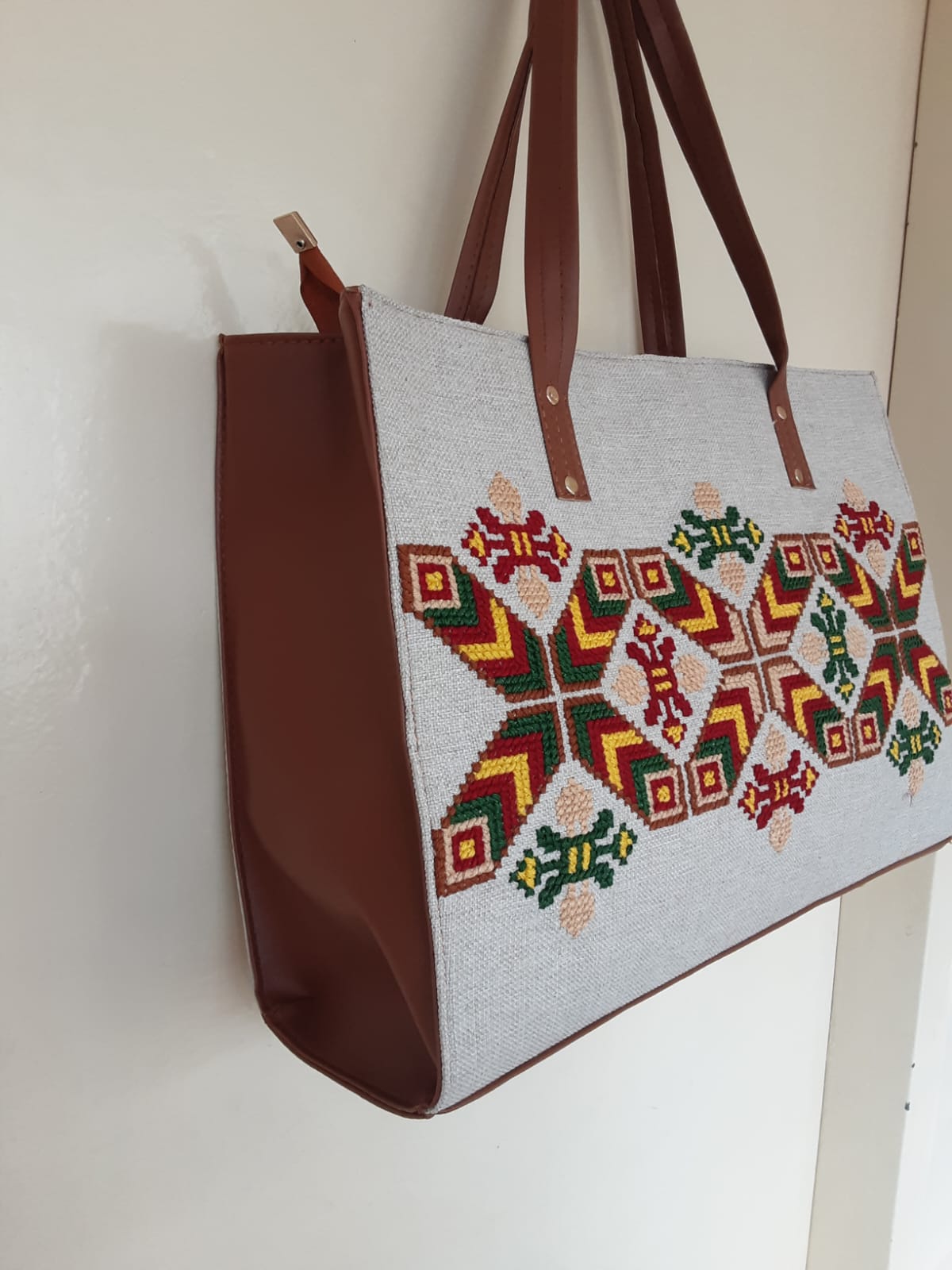 Handmade cross stitch fabric handbag