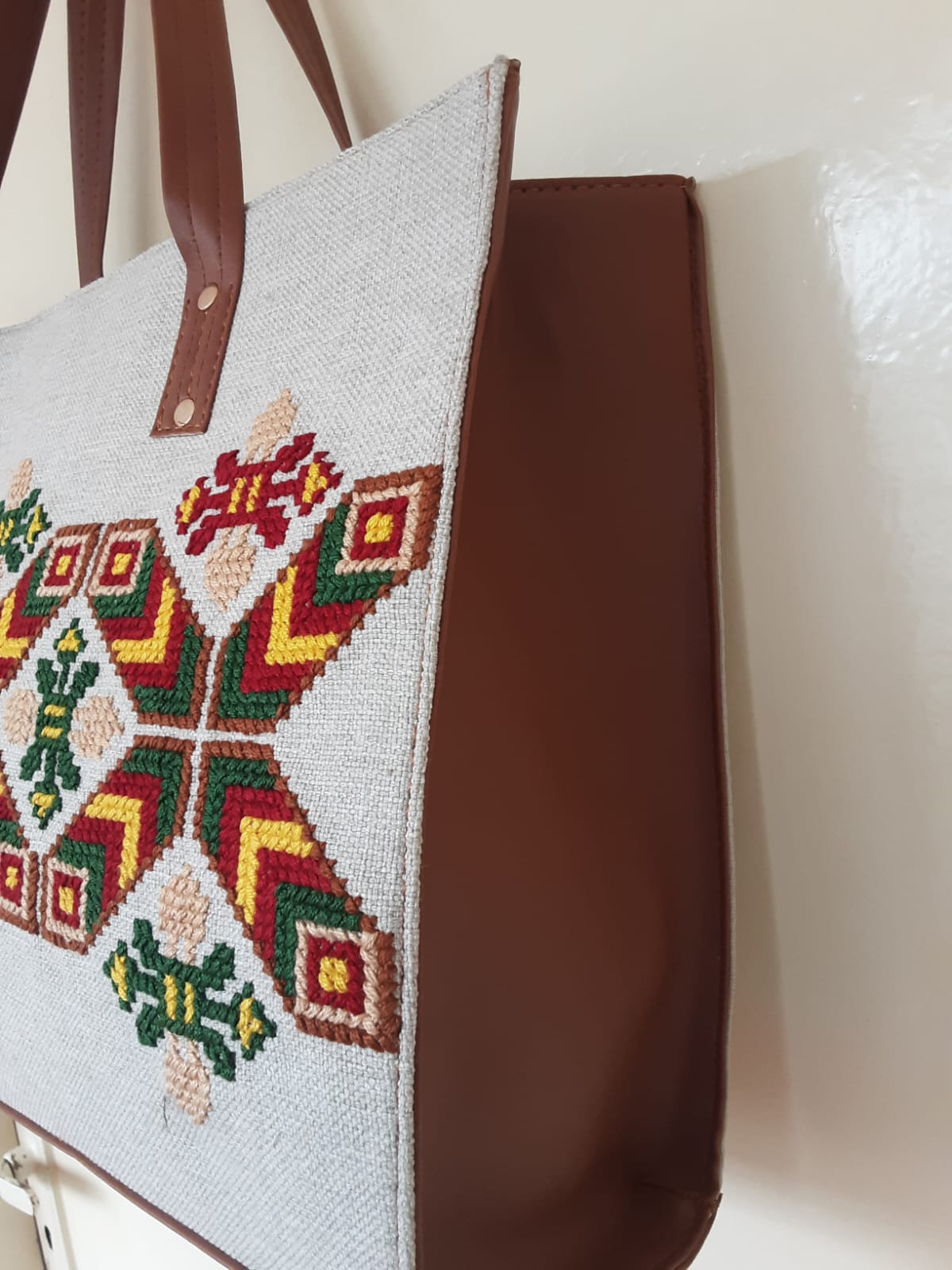 Handmade cross stitch fabric handbag