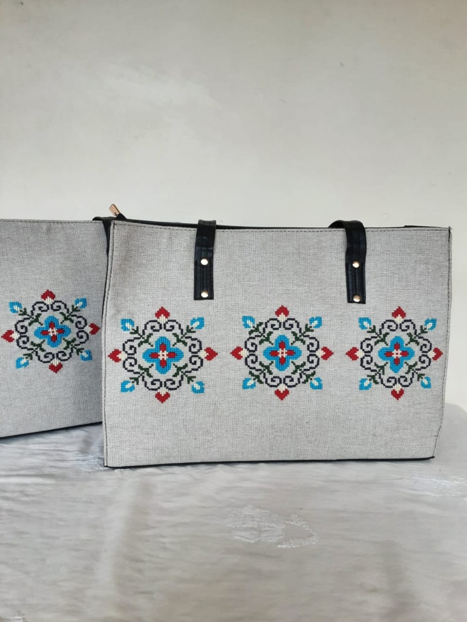 Handmade cross stitch fabric handbag
