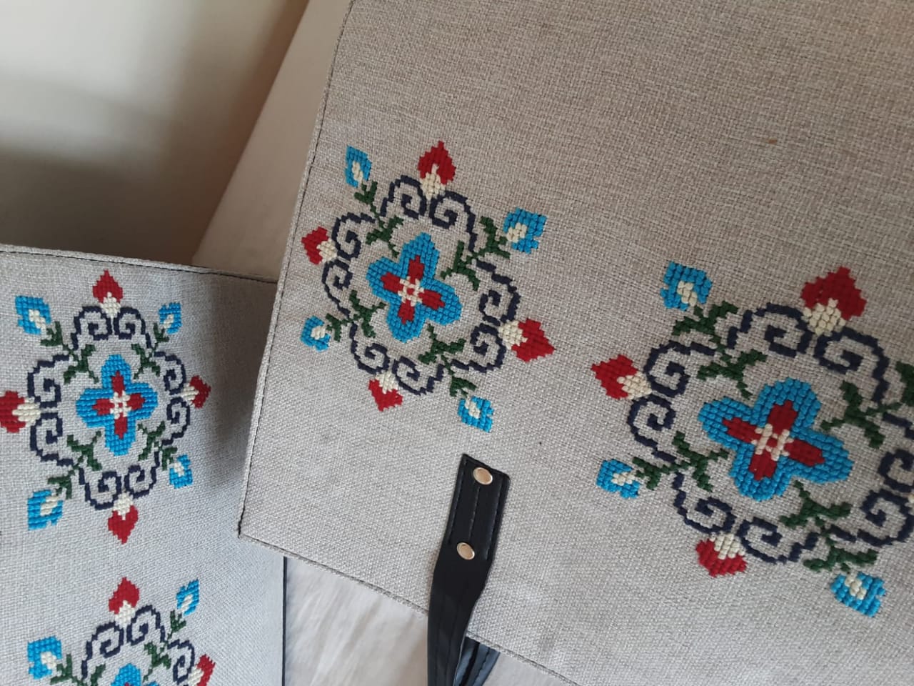 Handmade cross stitch fabric handbag