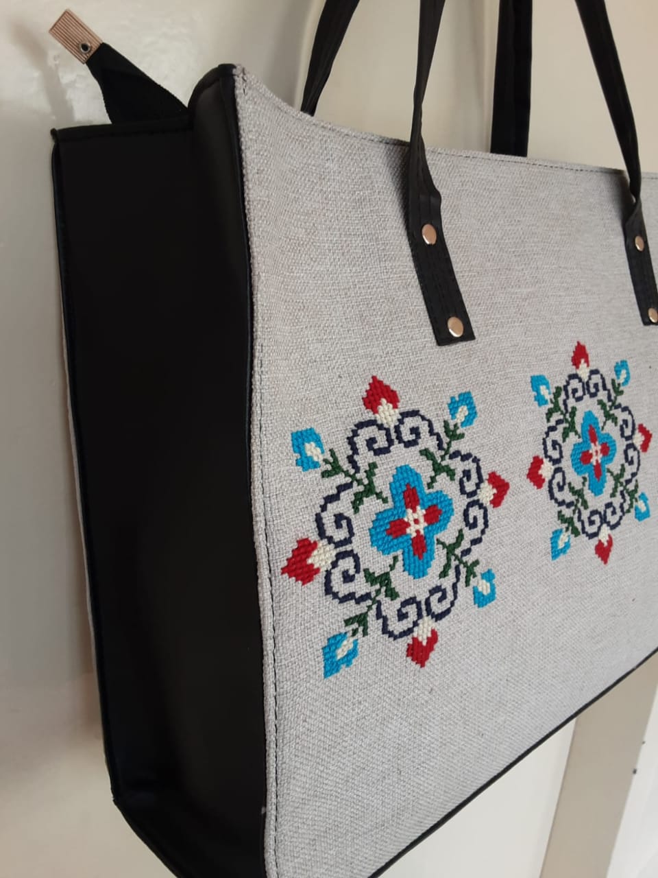 Handmade cross stitch fabric handbag