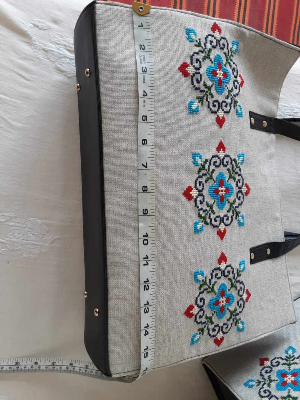 Handmade cross stitch fabric handbag