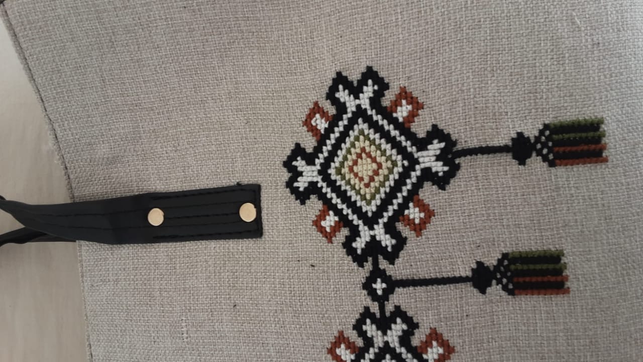 Handmade, cross stitched, lady's fabric+ leather handbag
