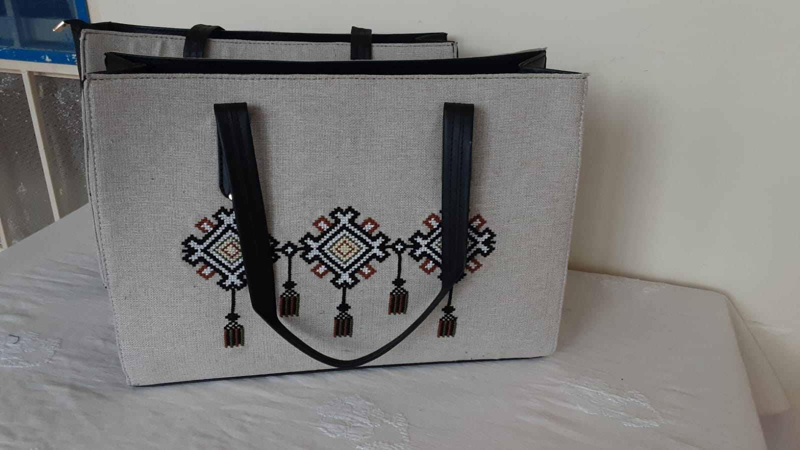 Handmade, cross stitched, lady's fabric+ leather handbag