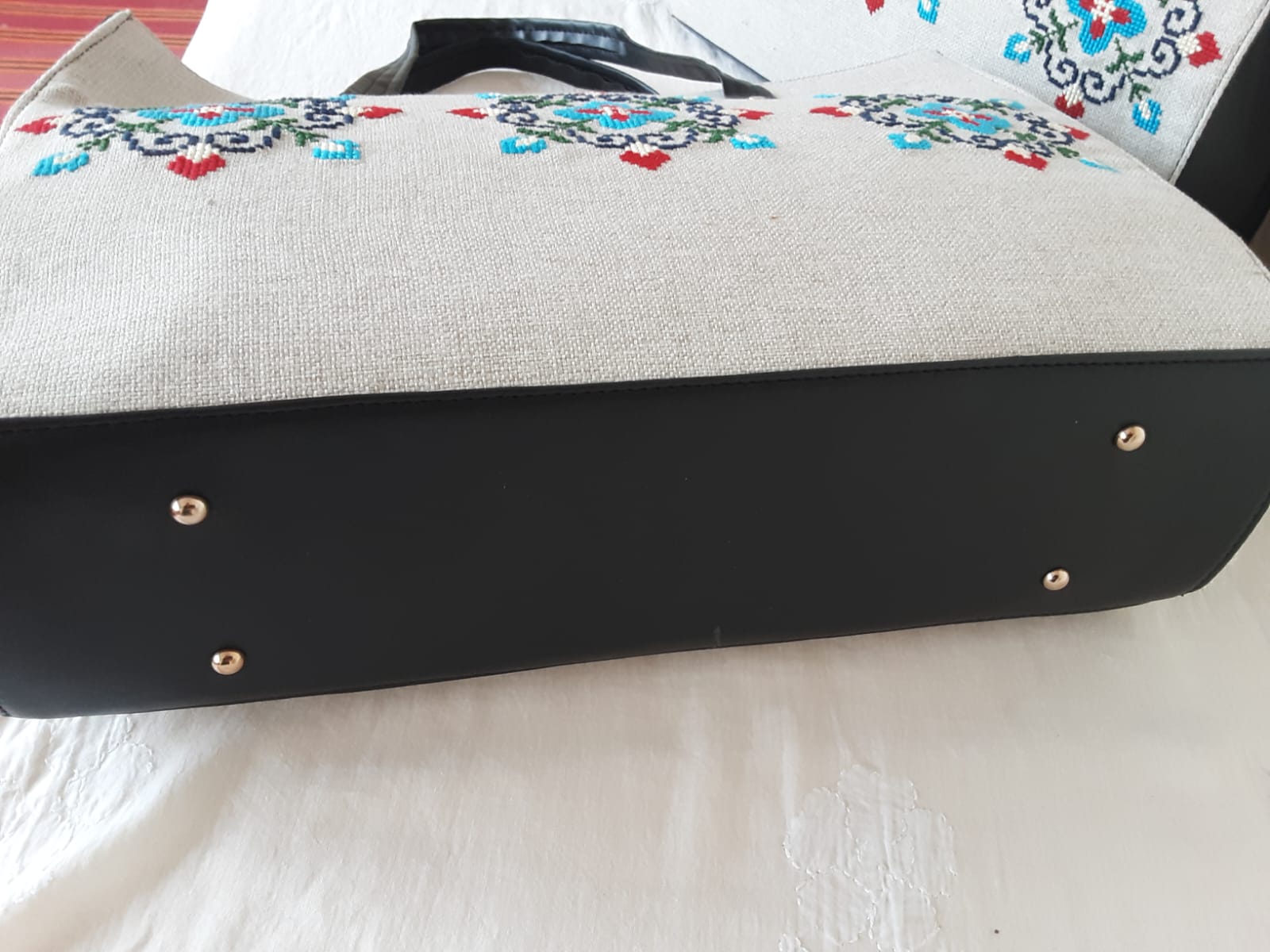 Handmade, cross stitched,  blue floral fabric+ leather lady's handbag