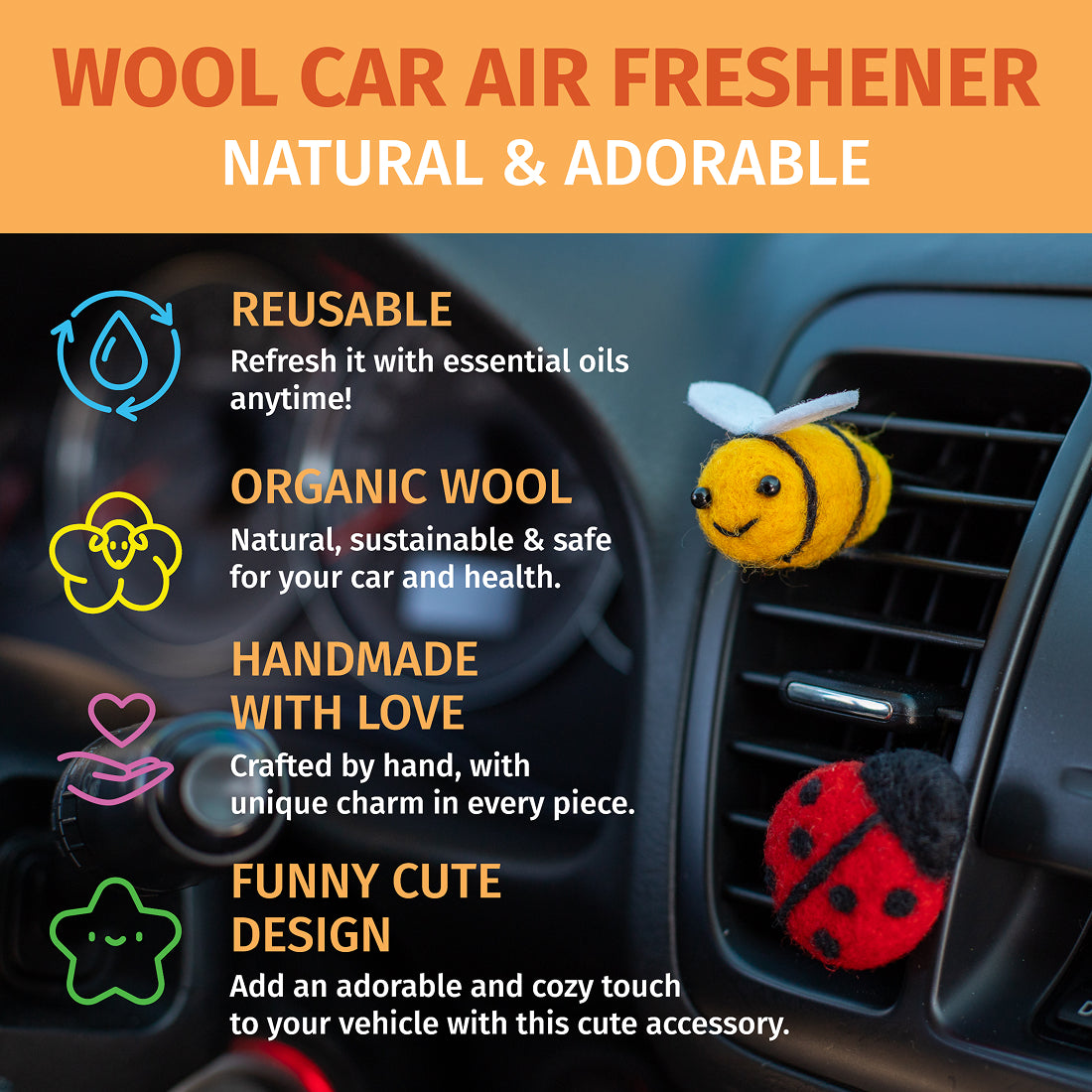 Car Air Vent Clip in the shape of Bee from soft wool felt, vehicle air fresheners. Gift for car owner. 