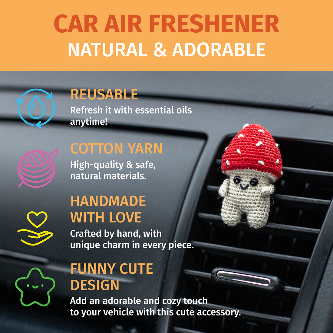 Car Air Vent Clip Crochet mushroom, amanita, vehicle air fresheners. Gift for car owner. 