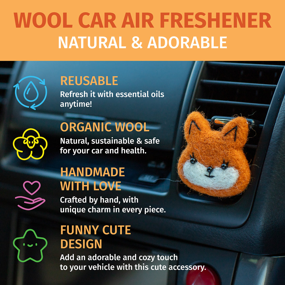 Car Air Vent Clip in the shape of fox head from soft wool felt, vehicle air fresheners. Gift for car owner. 