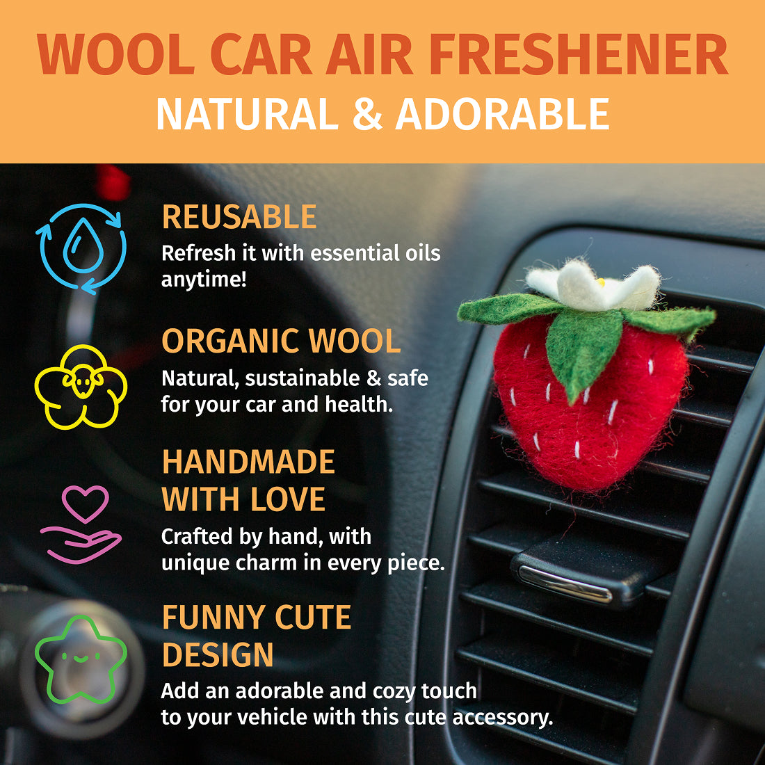 Car Air Vent Clip in the shape of Strawberry from soft wool felt, vehicle air fresheners. Gift for car owner. 