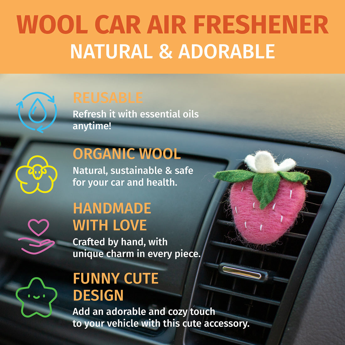 Car Air Vent Clip in the shape of Strawberry from soft wool felt, vehicle air fresheners. Gift for car owner. 