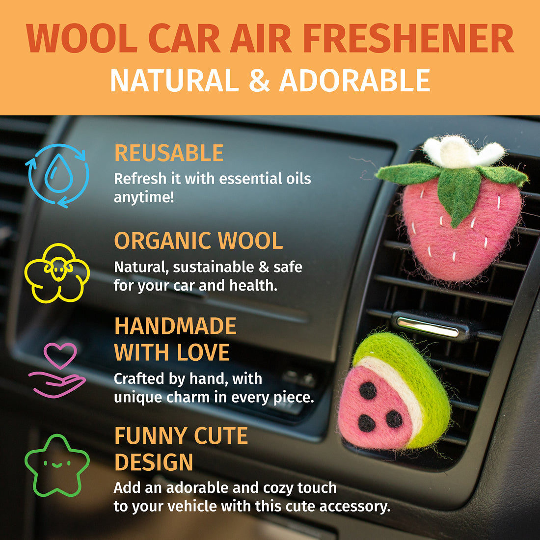 Car Air Vent Clip in the shape of Watermalon slice from soft wool felt, vehicle air fresheners. Gift for car owner. 
