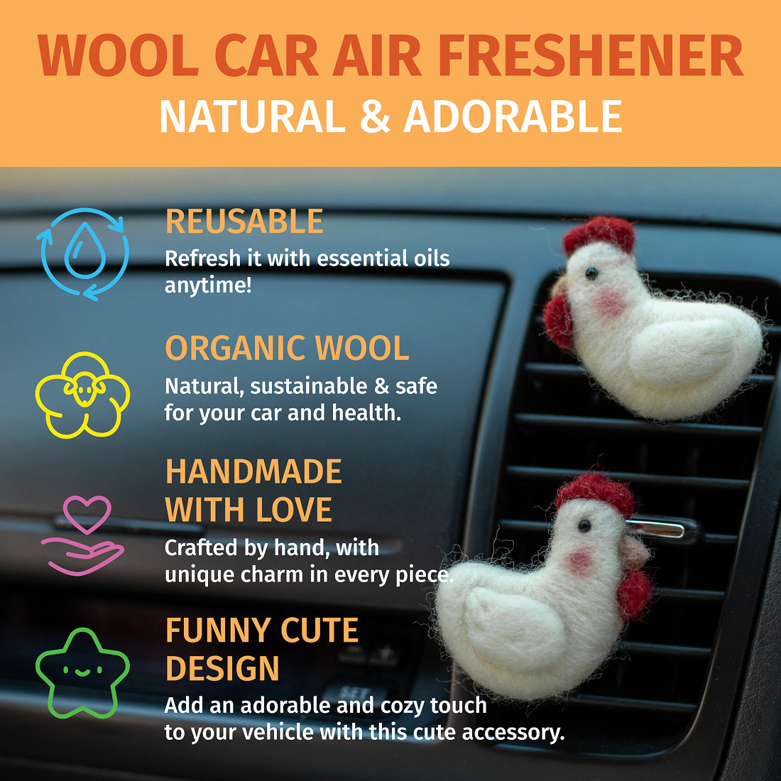 Car Air Vent Clip in the shape of Chicken from soft wool felt, vehicle air fresheners. Gift for car owner. 