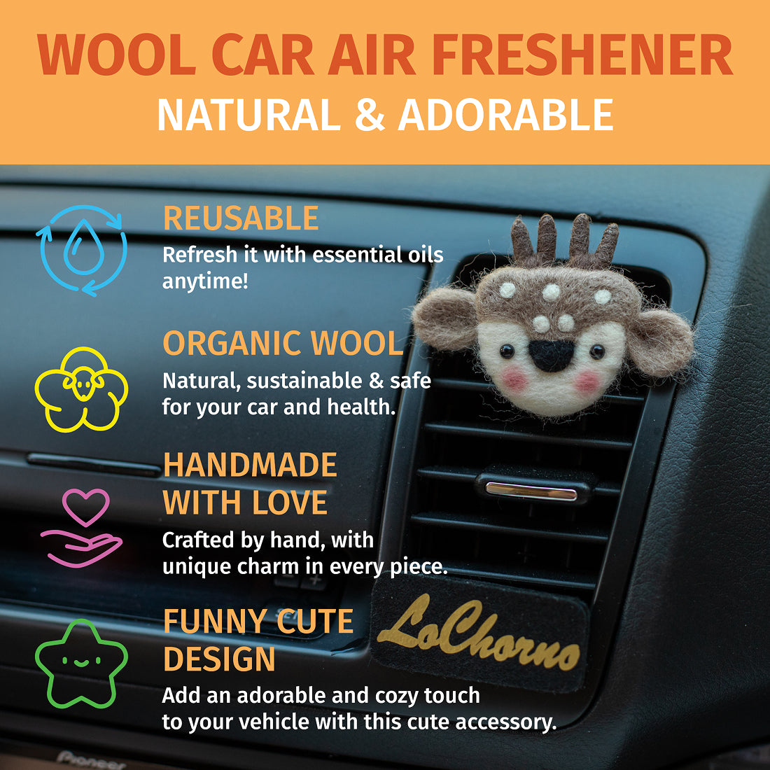 Car Air Vent Clip in the shape of Deer had from soft wool felt, vehicle air fresheners. Gift for car owner. 