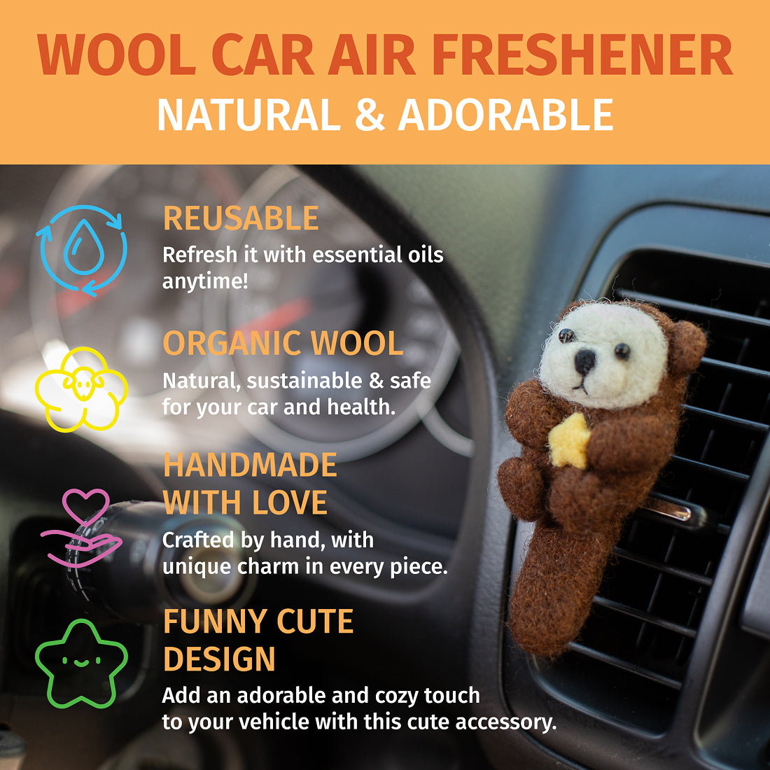 Car Air Vent Clip in the shape of Otter from soft wool felt, vehicle air fresheners. Gift for car owner. 