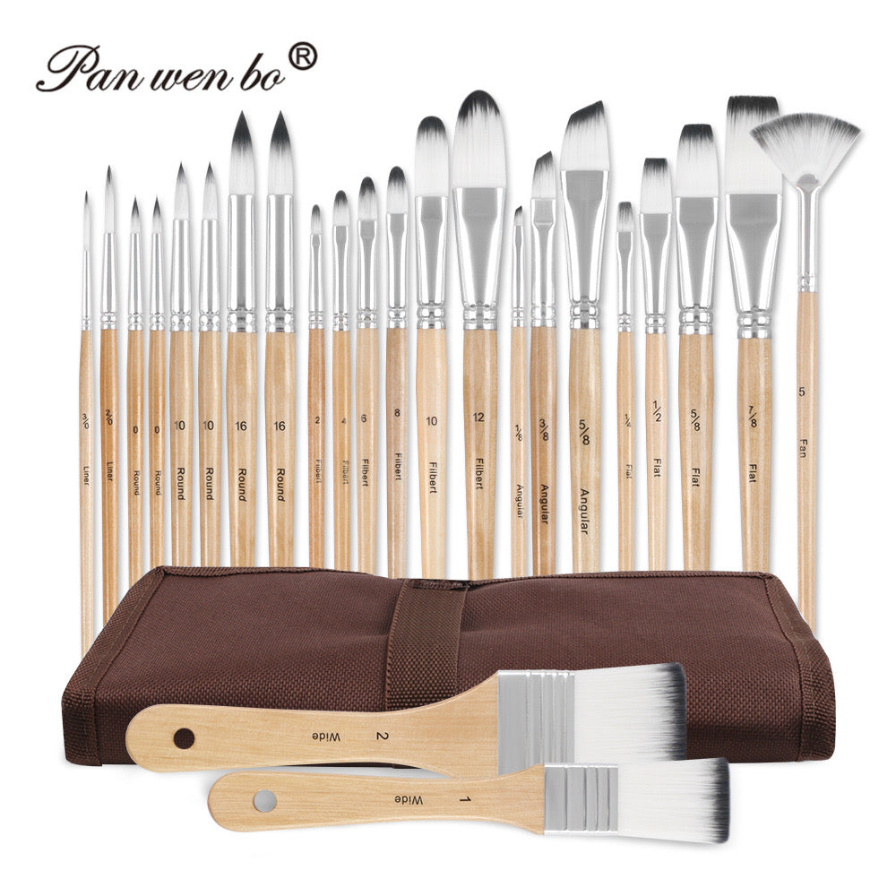 24-Piece Nylon Brush Set – Acrylic, Gouache & Oil Painting with Wooden Handles