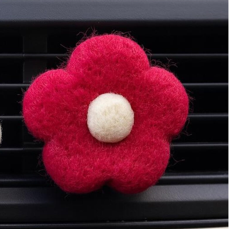 Car Air Vent Clip in the shape of red daisy from soft wool felt, vehicle air fresheners. Gift for car owner. 