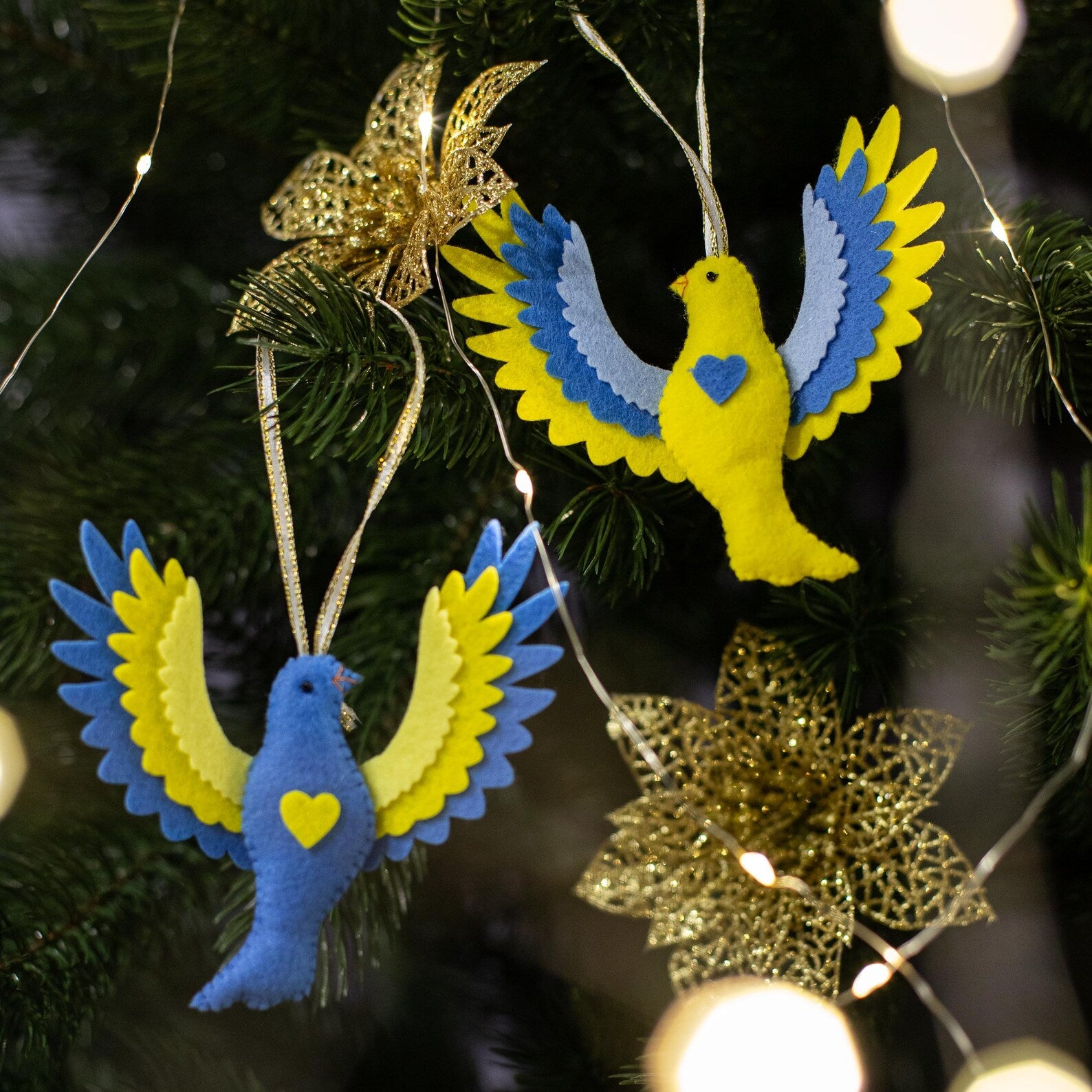 Felt birds in ukrainian blue and yellow colors. Felt ukrainian birds with the loop for easy hanging.