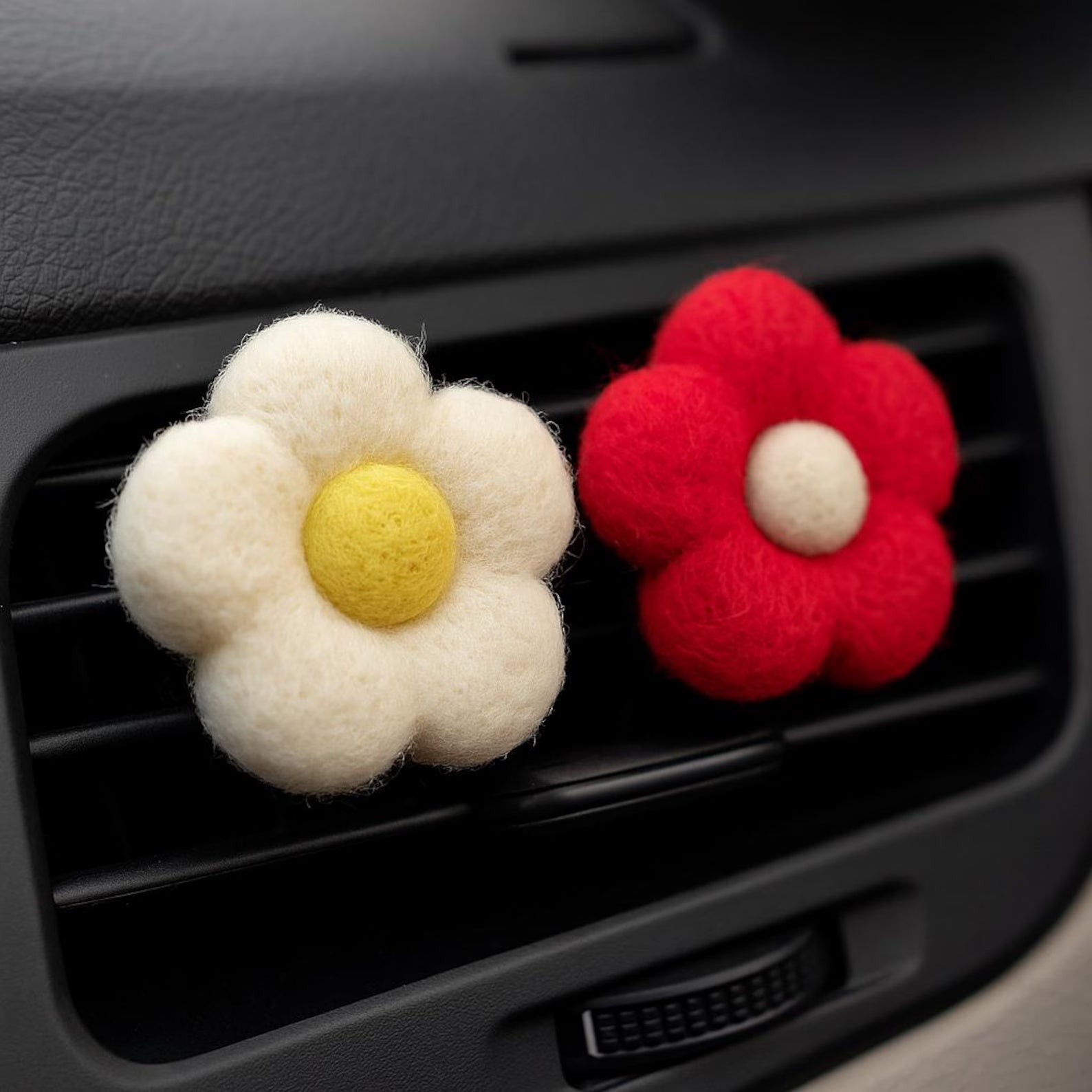 Car Air Vent Clip in the shape of white and red daisy from soft wool felt, vehicle air fresheners. Gift for car owner. 
