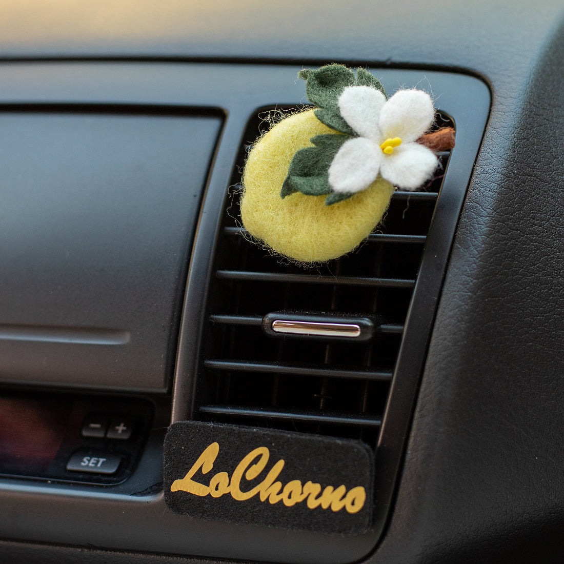 Car Air Vent Clip in the shape of lemon from soft wool felt, vehicle air fresheners. Gift for car owner. 