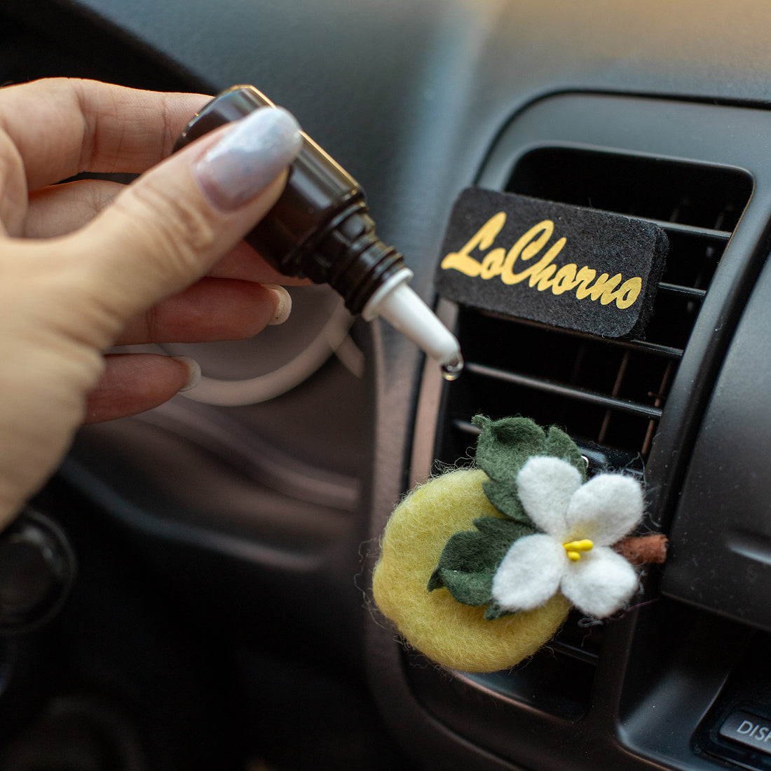 Car Air Vent Clip in the shape of lemon from soft wool felt, vehicle air fresheners. Gift for car owner. 