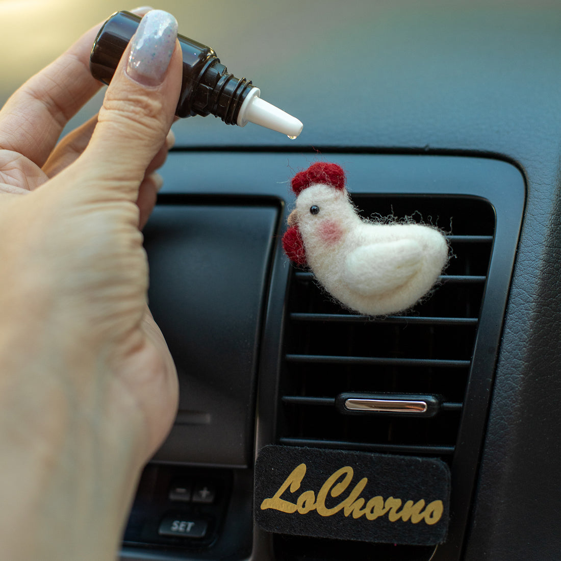 Car Air Vent Clip in the shape of Chicken from soft wool felt, vehicle air fresheners. Gift for car owner. 
