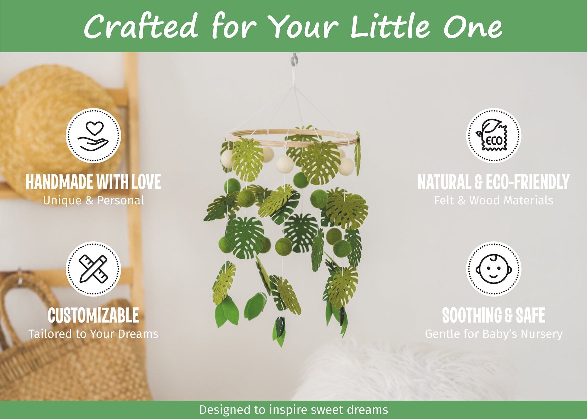 Felt baby mobile with monstera leafs for nursery decor or baby shower gift.