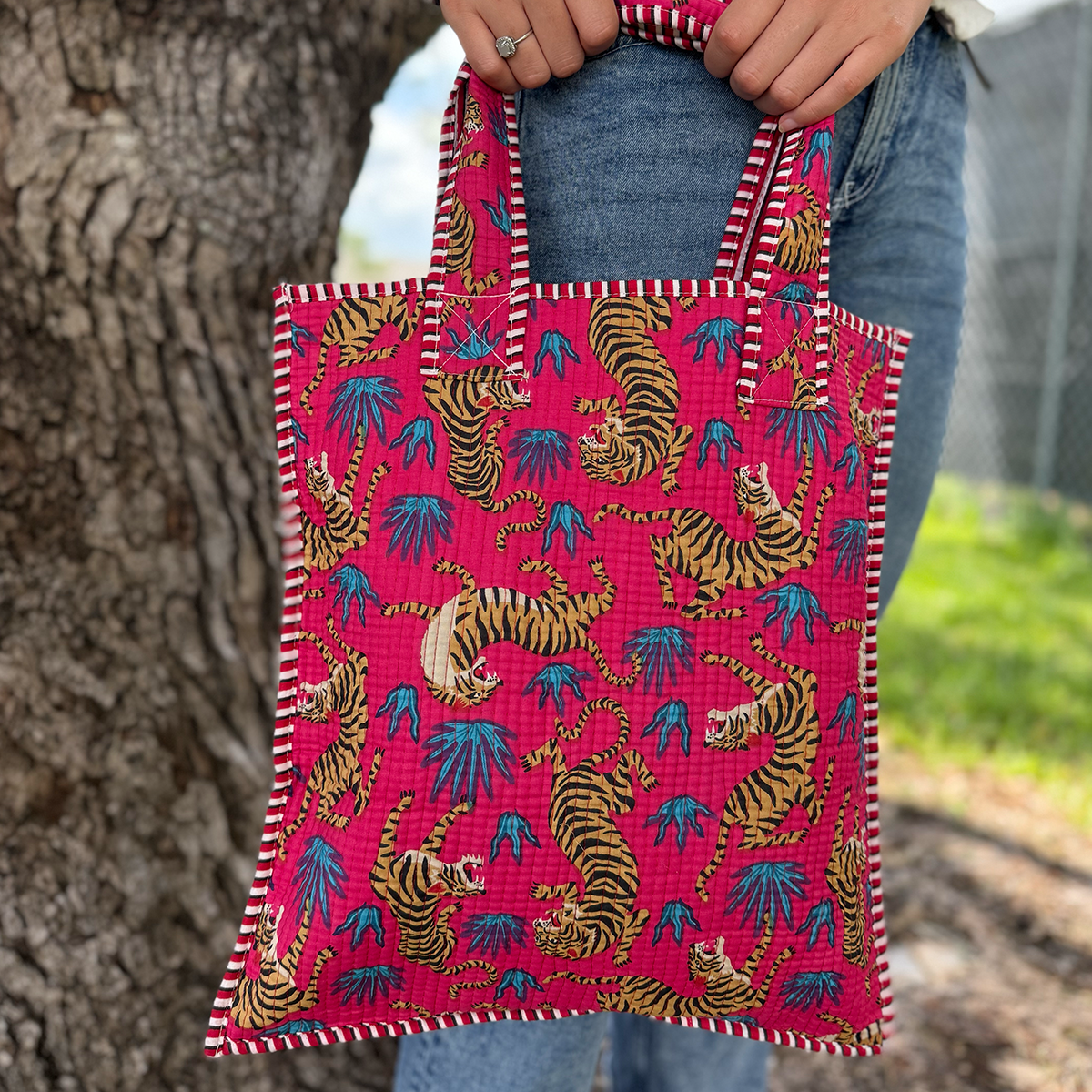 Cotton Tote Bag Handmade Patchwork Indian Block Print Tiger