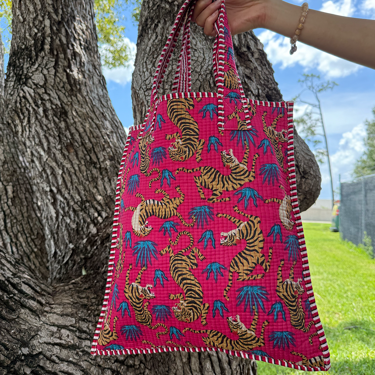Cotton Tote Bag Handmade Patchwork Indian Block Print Tiger